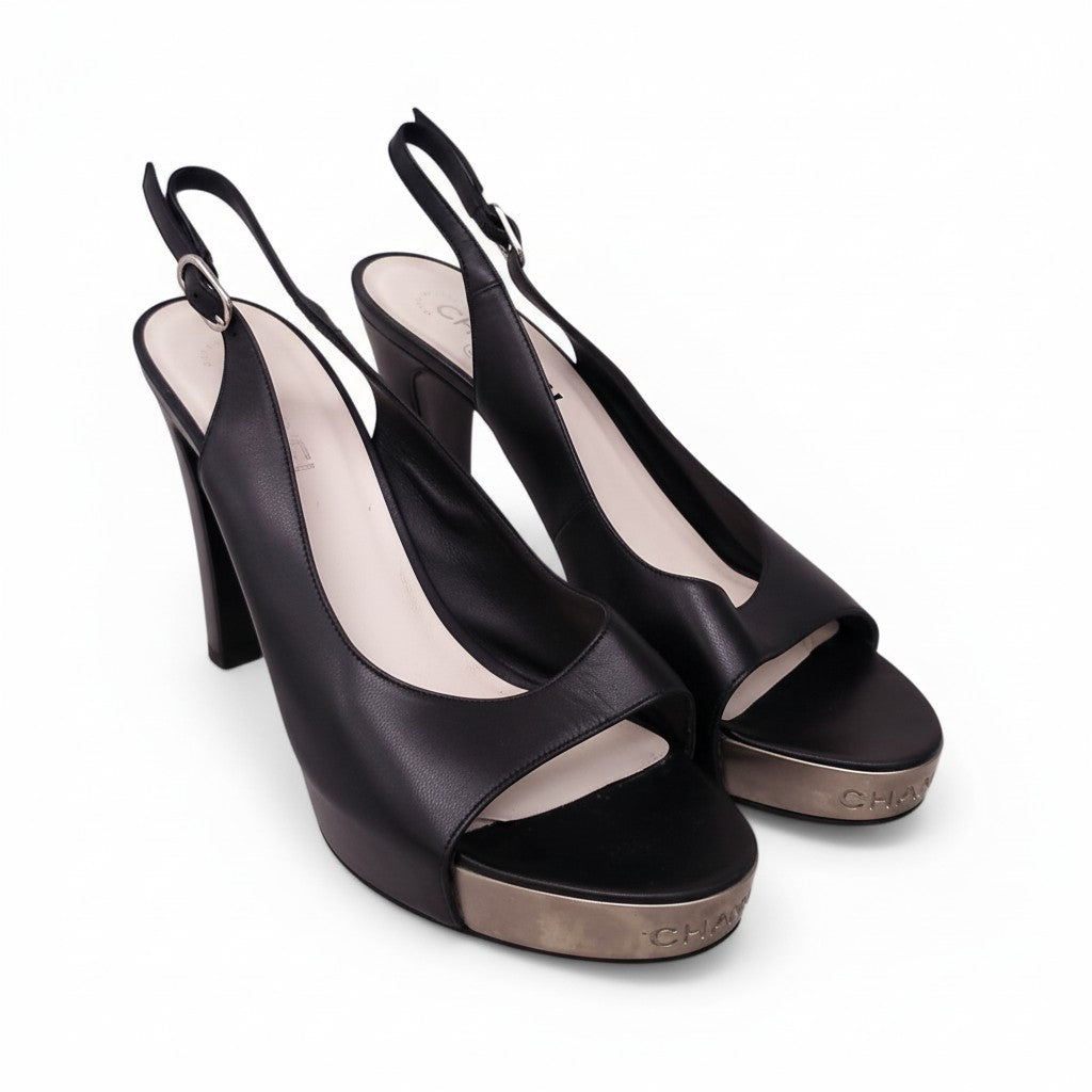 CHANEL VINTAGE BLACK LEATHER PEEP TOE HEELS WITH SILVER LOGO SOLES - SIZE 40.5