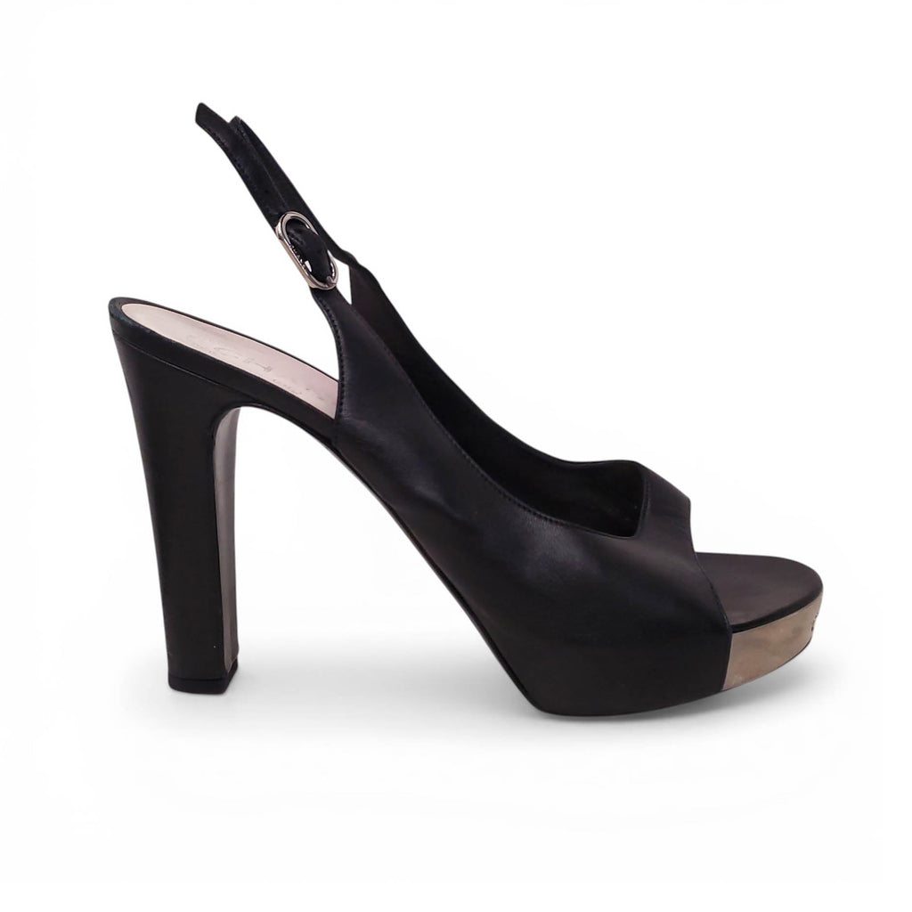 CHANEL VINTAGE BLACK LEATHER PEEP TOE HEELS WITH SILVER LOGO SOLES - SIZE 40.5