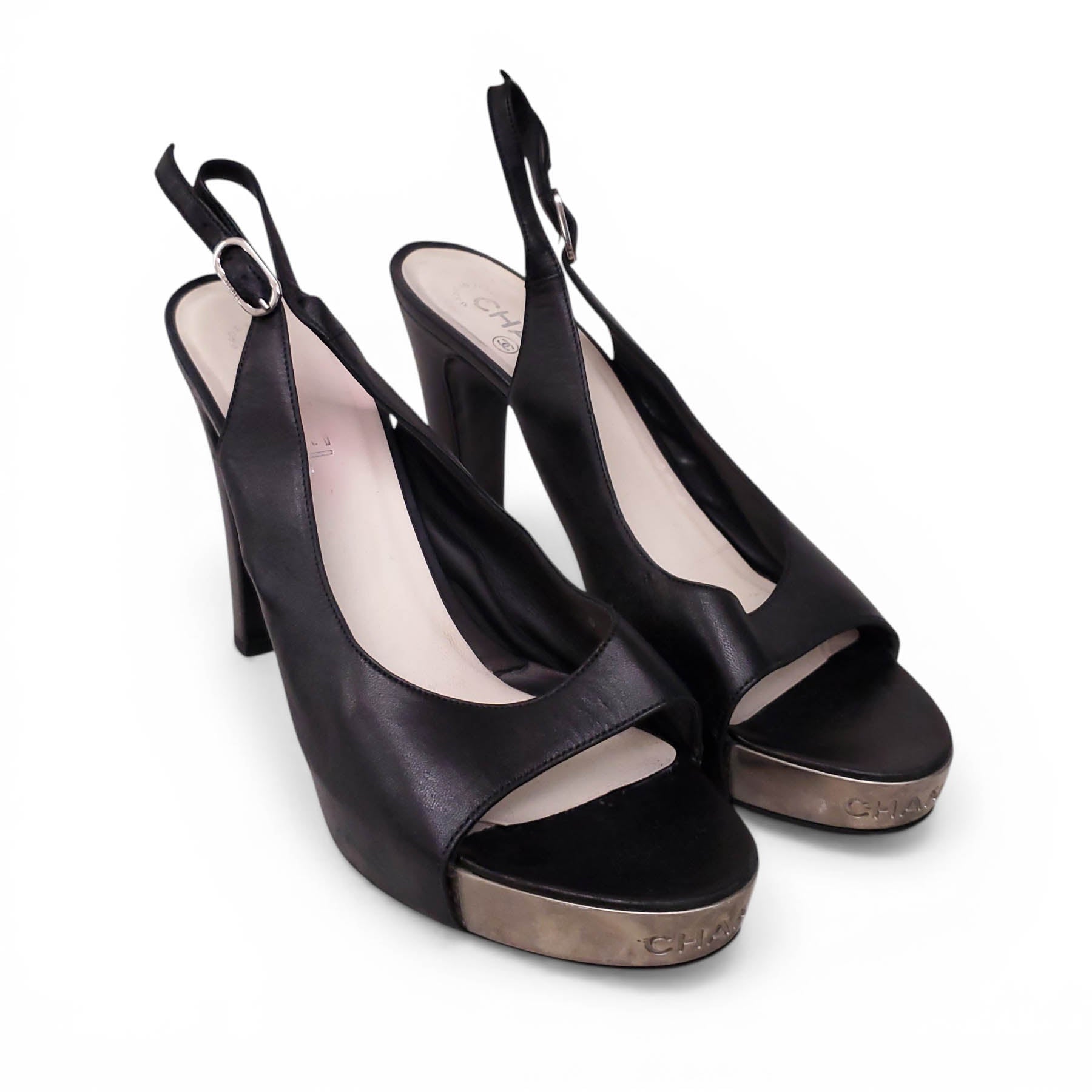 CHANEL VINTAGE BLACK LEATHER PEEP TOE HEELS WITH SILVER LOGO SOLES - SIZE 40.5