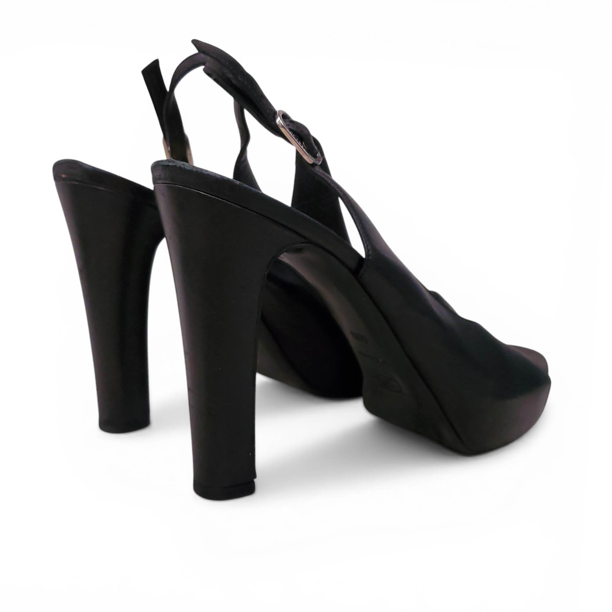 CHANEL VINTAGE BLACK LEATHER PEEP TOE HEELS WITH SILVER LOGO SOLES - SIZE 40.5