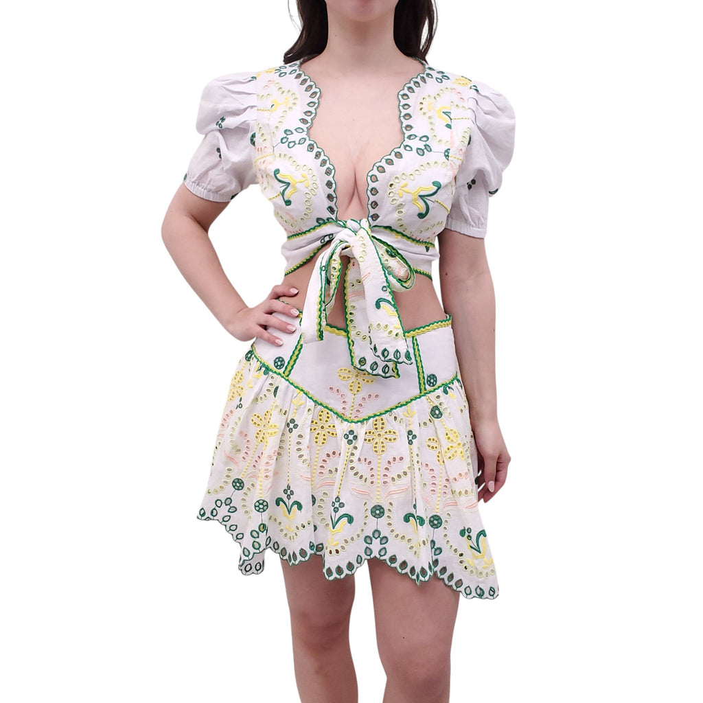 CHARO RUIZ WHITE, YELLOW, AND GREEN EYELET SKIRT SET - SIZE M/L
