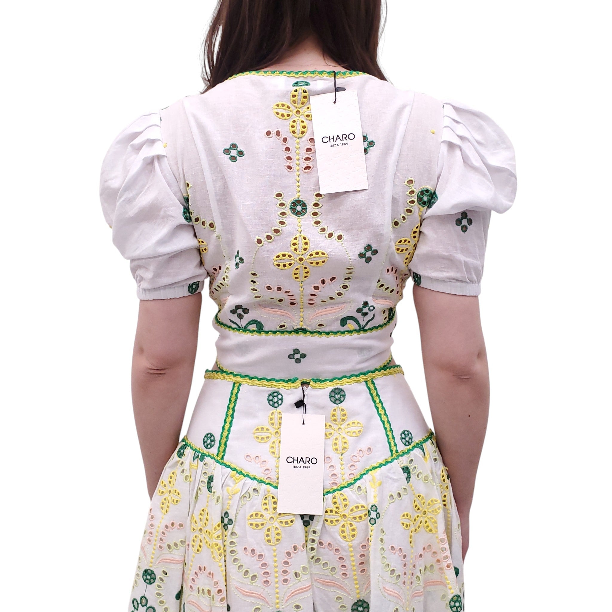 CHARO RUIZ WHITE, YELLOW, AND GREEN EYELET SKIRT SET - SIZE M/L