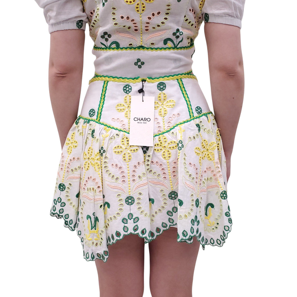 CHARO RUIZ WHITE, YELLOW, AND GREEN EYELET SKIRT SET - SIZE M/L