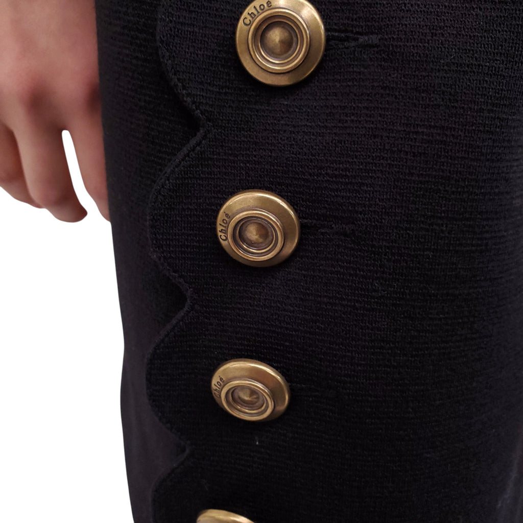 CHLOÉ BLACK DRESS WITH SCALLOPED DETAILS AND LOGO BUTTONS - SIZE 38