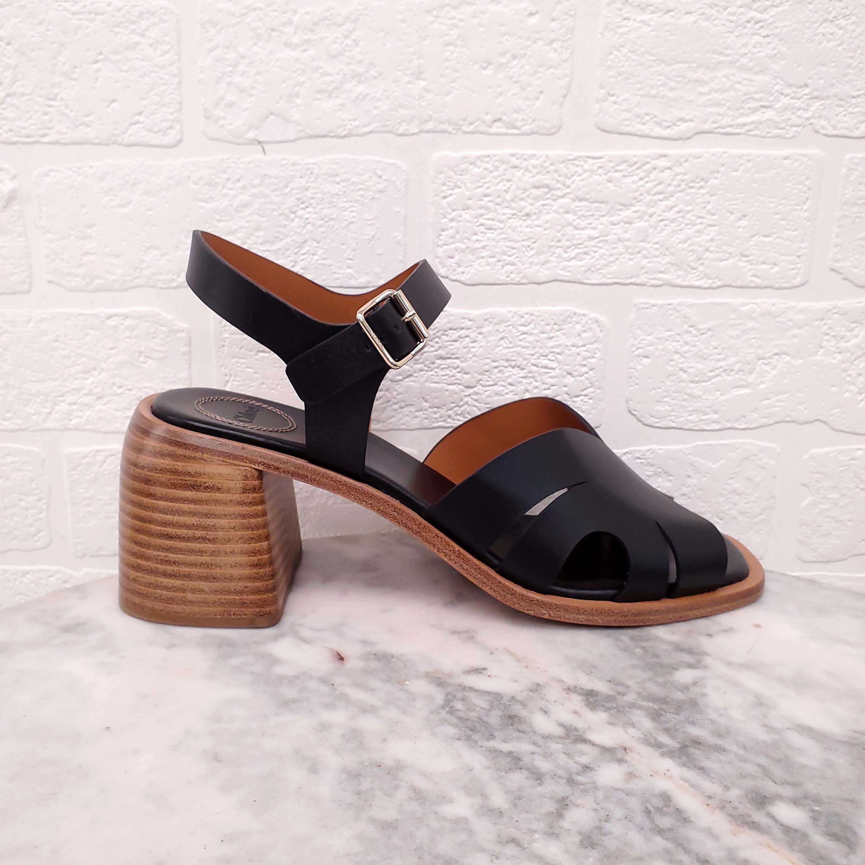 CHLOÉ BLACK LEATHER WOOD HEELS - SIZE 39.5