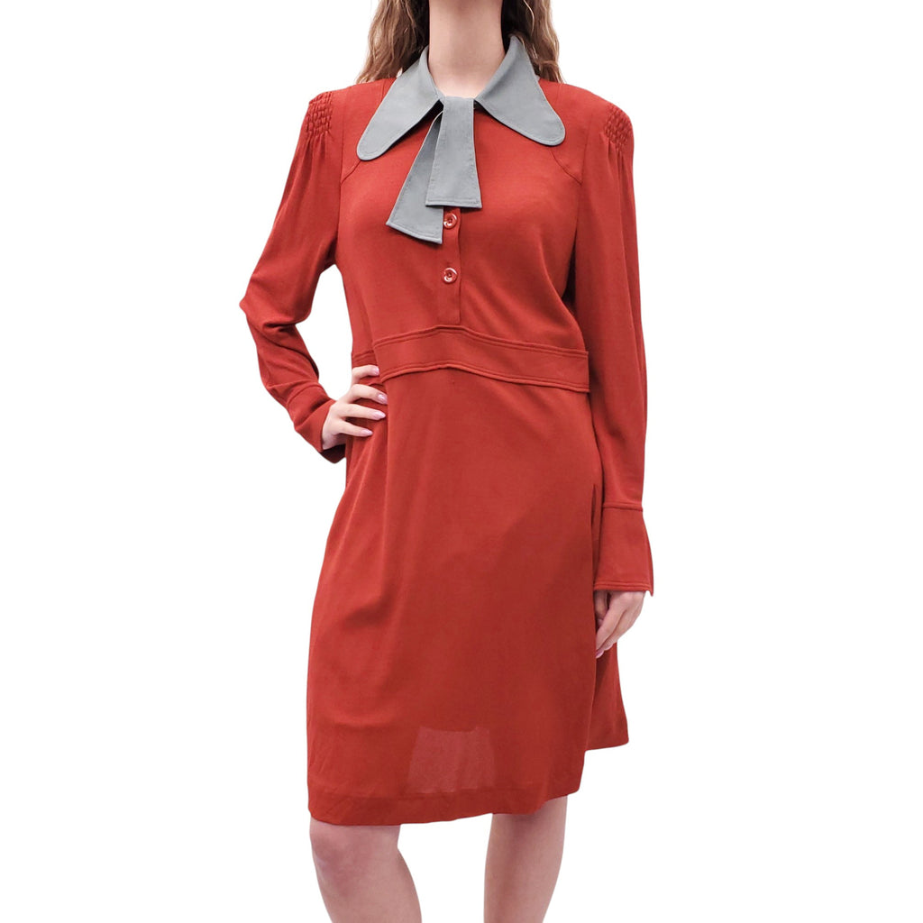 CHLOÉ BURNT ORANGE DRESS WITH SEAFOAM COLLAR AND TIE - SIZE 44