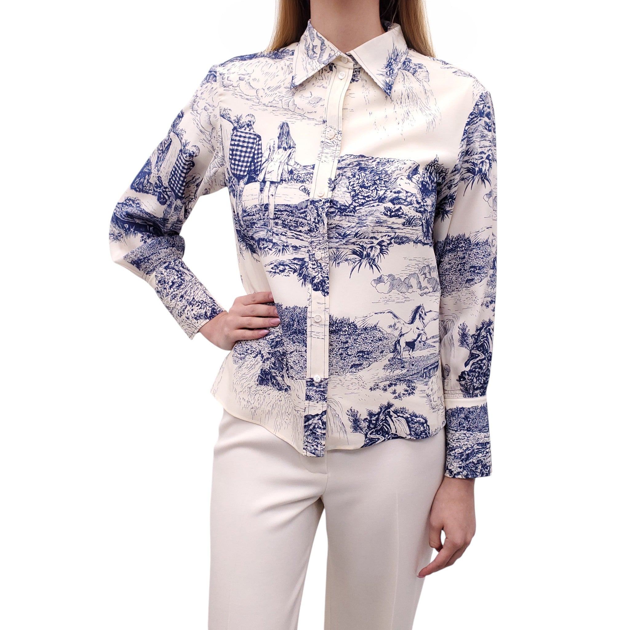 CHLOÉ CREAM AND NAVY SILK TOILE PRINT BLOUSE - SIZE 36