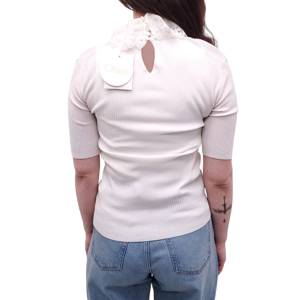 CHLOÉ CREAM RIBBED SHORT SLEEVE SWEATER WITH LOGO COLLAR - SIZE L