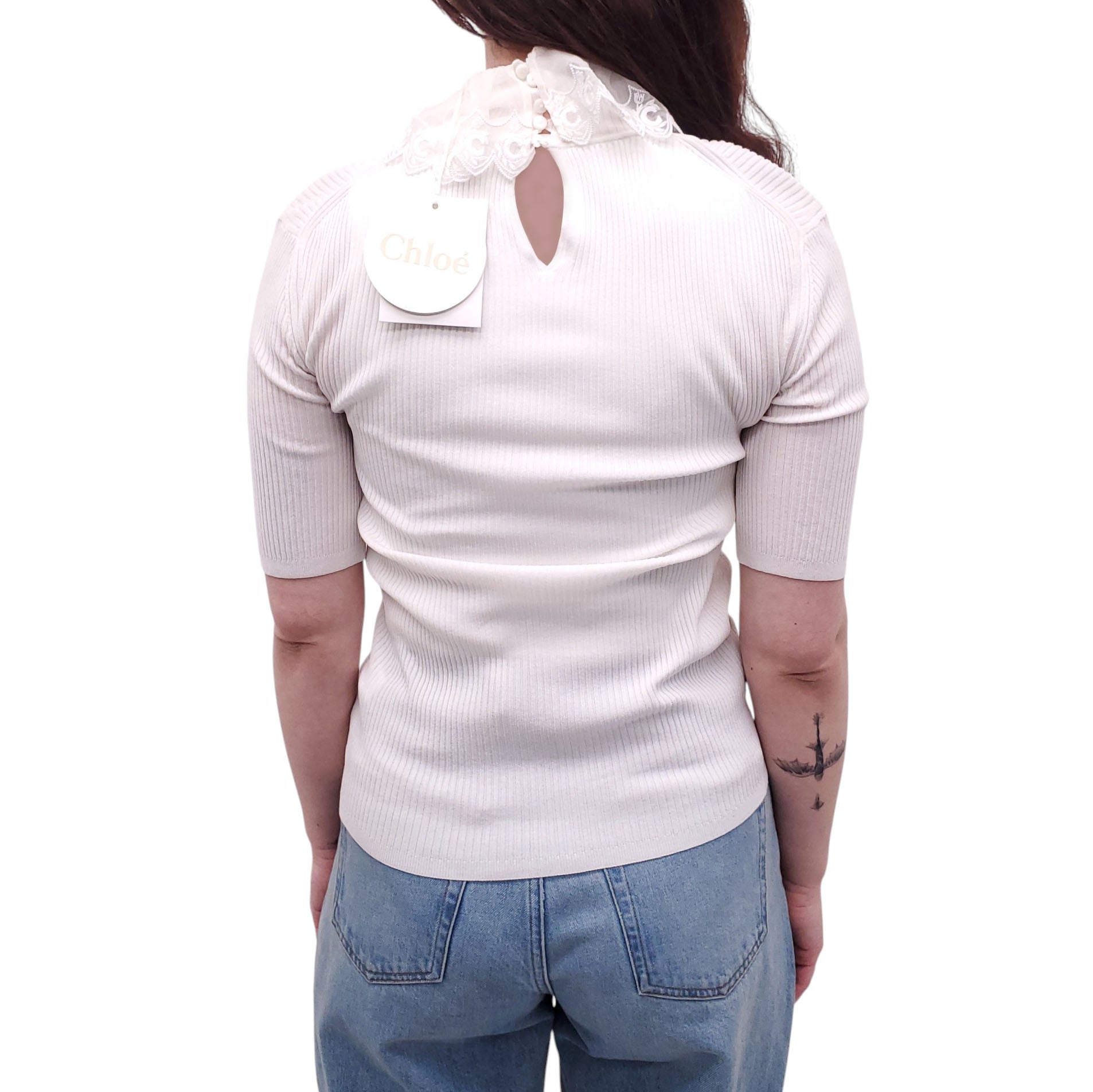 CHLOÉ CREAM RIBBED SHORT SLEEVE SWEATER WITH LOGO COLLAR - SIZE L
