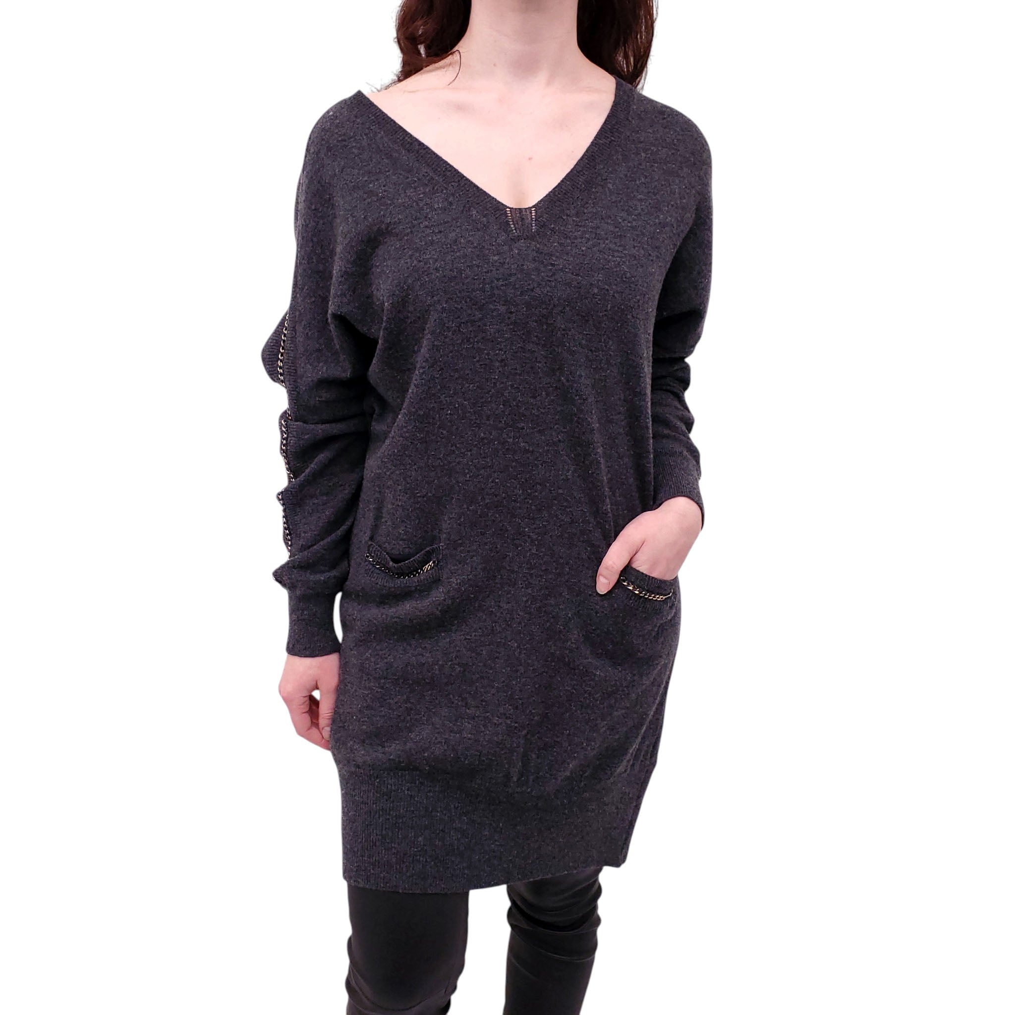 CHLOÉ GREY KNIT DRESS WITH GOLD CHAIN DETAILS - SIZE L