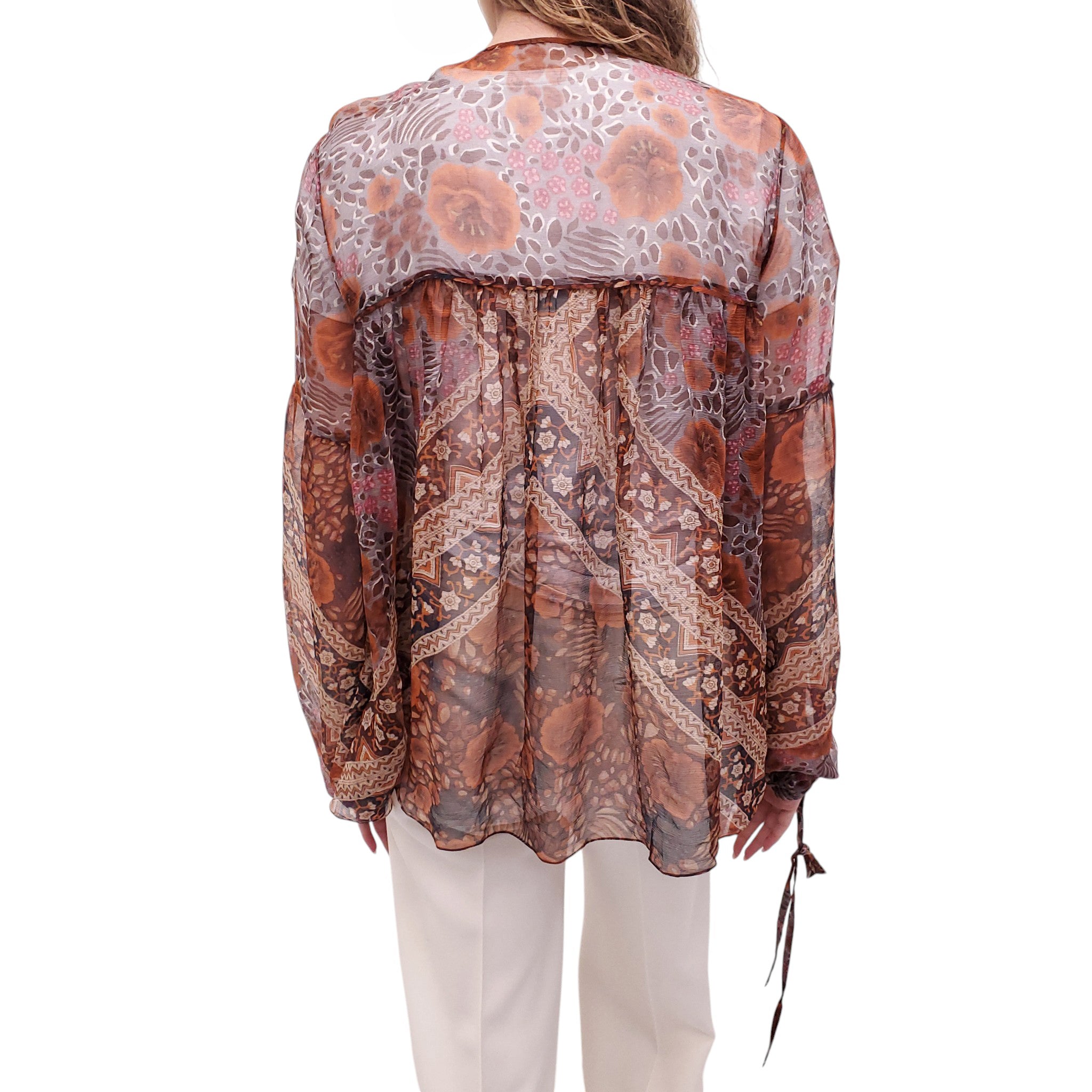 CHLOÉ BROWN AND ORANGE FLORAL PATTERNED BLOUSE - SIZE 36
