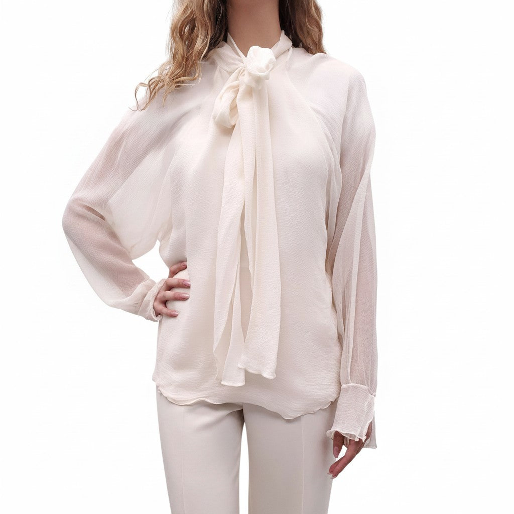CHLOÉ WHITE SHEER GAUZE BLOUSE WITH TIE DETAIL - SIZE 40