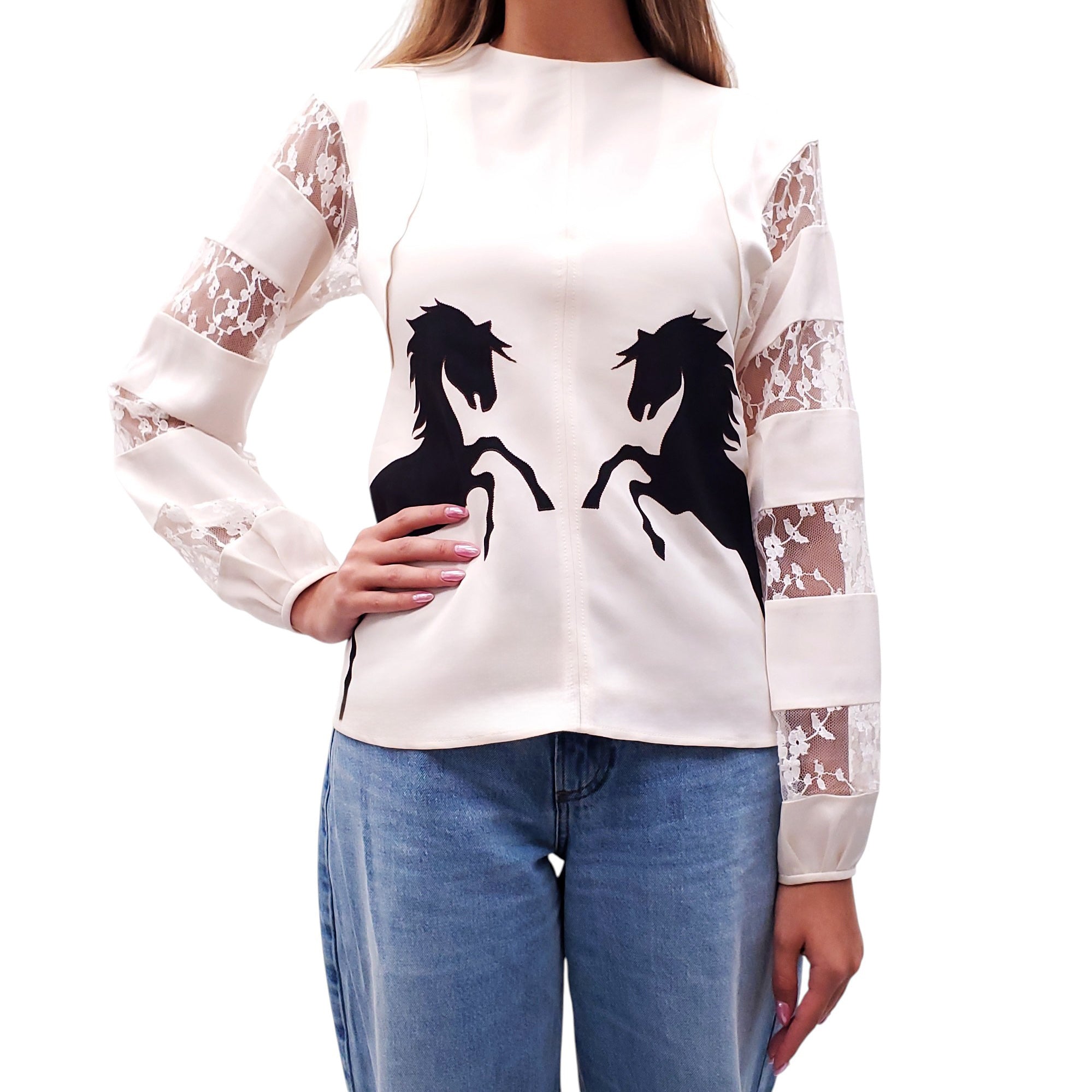 CHLOÉ 'BUTTERCREAM' LACE LAYERED SILK BLOUSE - SIZE 34