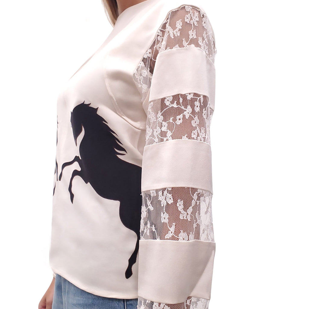 CHLOÉ 'BUTTERCREAM' LACE LAYERED SILK BLOUSE - SIZE 34