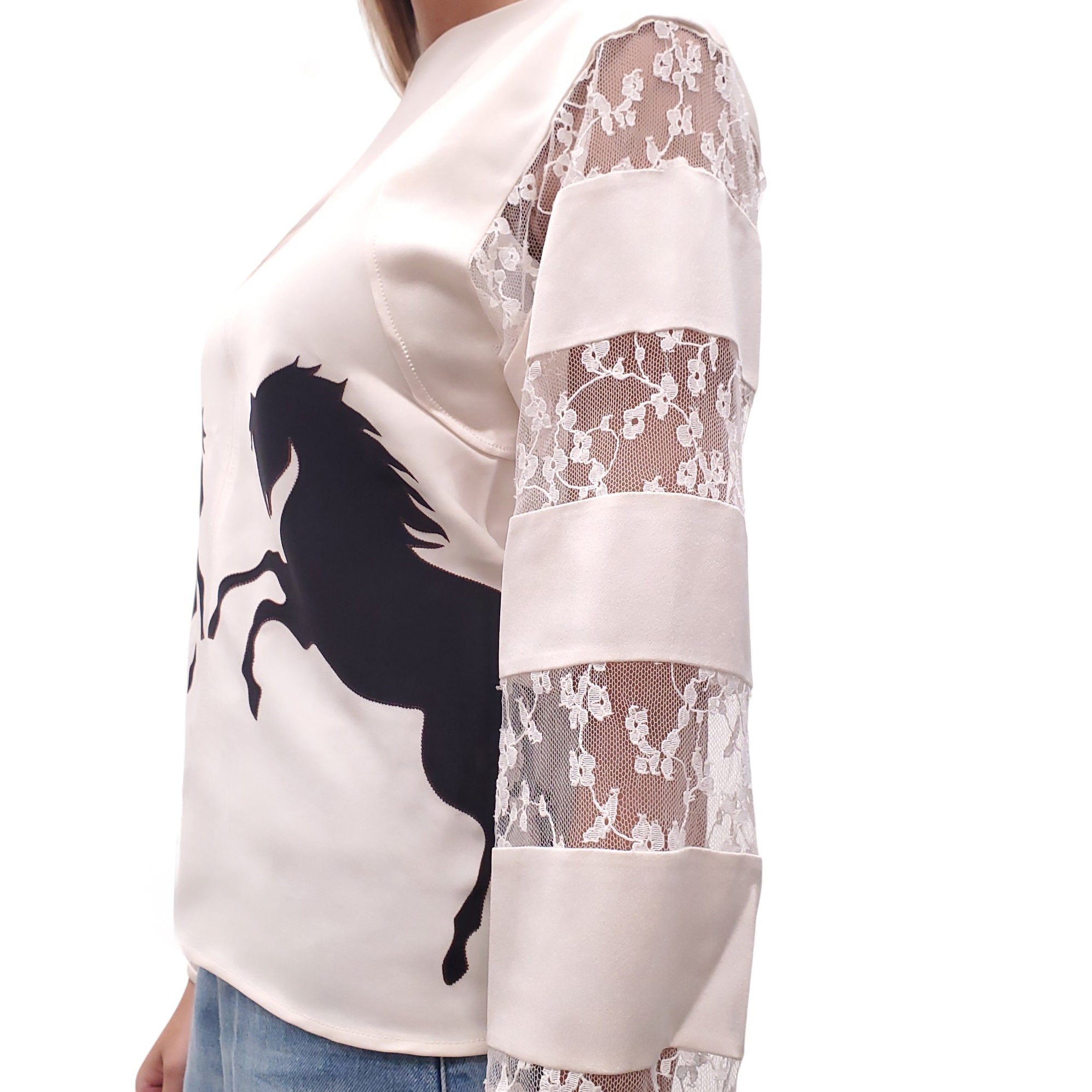 CHLOÉ 'BUTTERCREAM' LACE LAYERED SILK BLOUSE - SIZE 34