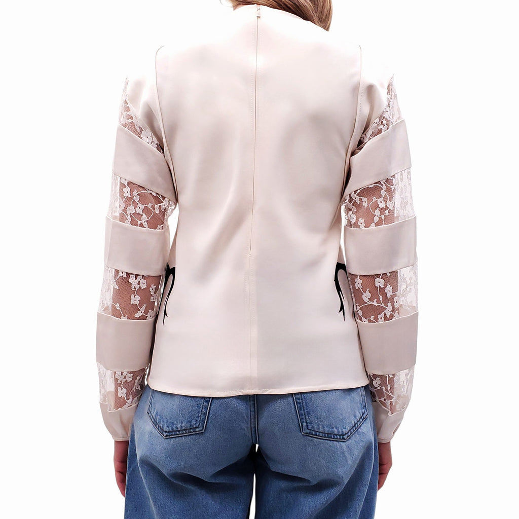 CHLOÉ 'BUTTERCREAM' LACE LAYERED SILK BLOUSE - SIZE 34