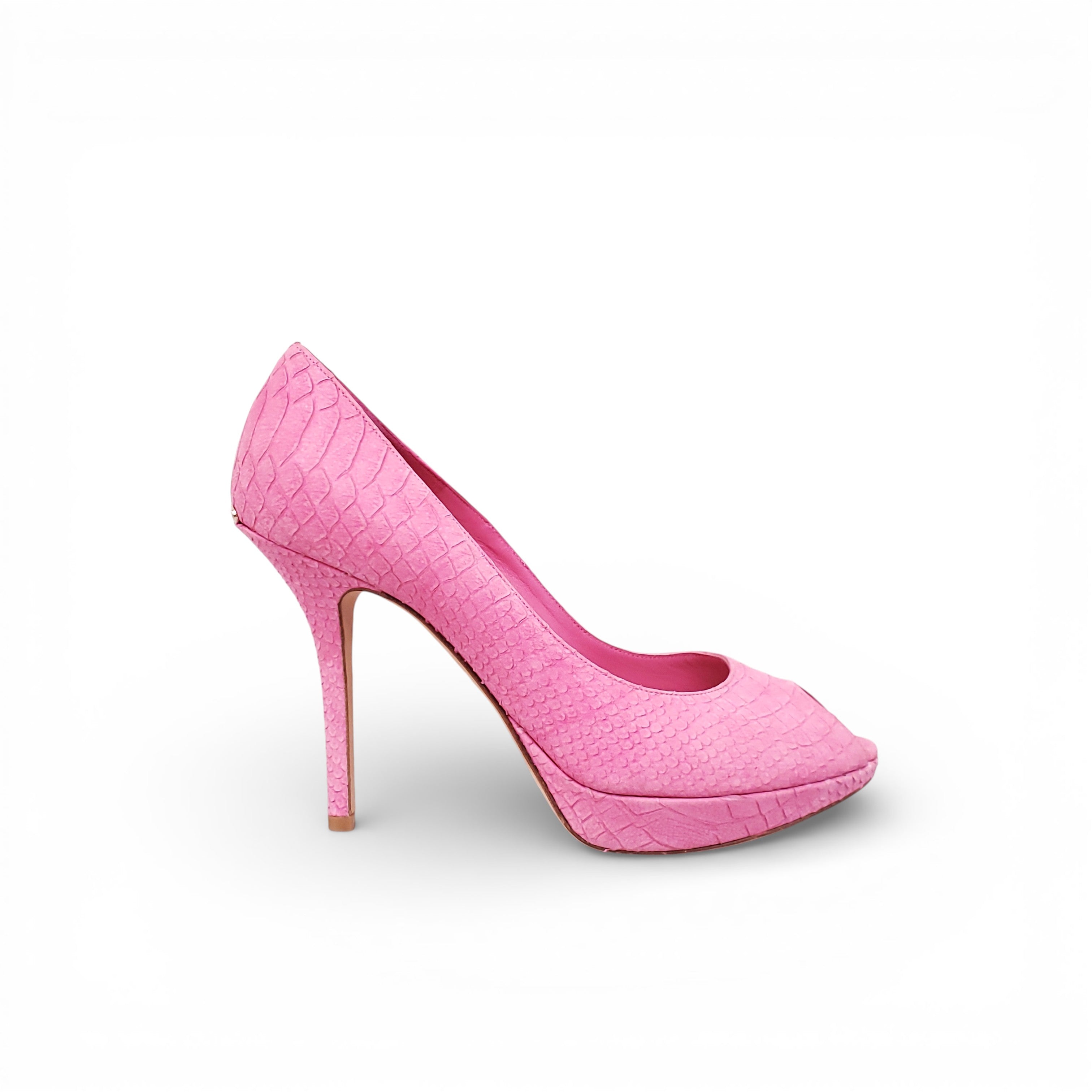 CHRISTIAN DIOR PINK SUEDE SNAKESKIN PEEP TOE HEELS - SIZE 39.5