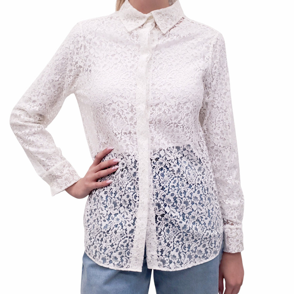CHRISTIAN DIOR WHITE LACE BLOUSE WITH CD LOGO - SIZE S