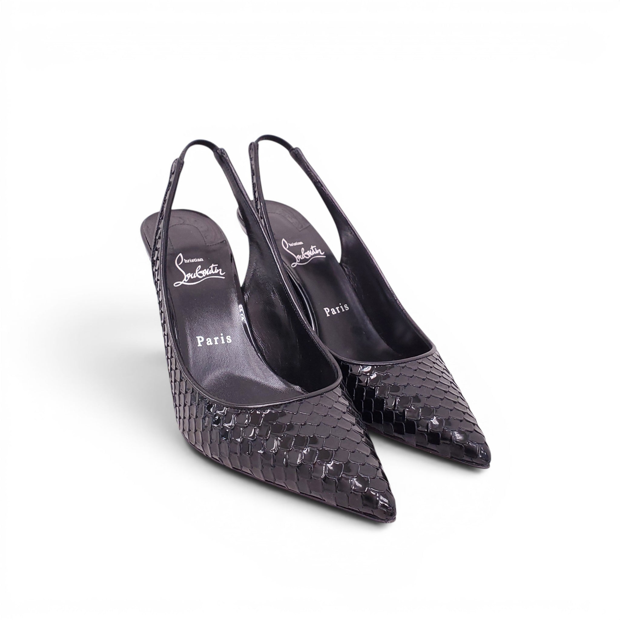 CHRISTIAN LOUBOUTIN BLACK SNAKESKIN EFFECT KATE 100 SLINGBACKS - SIZE 38.5