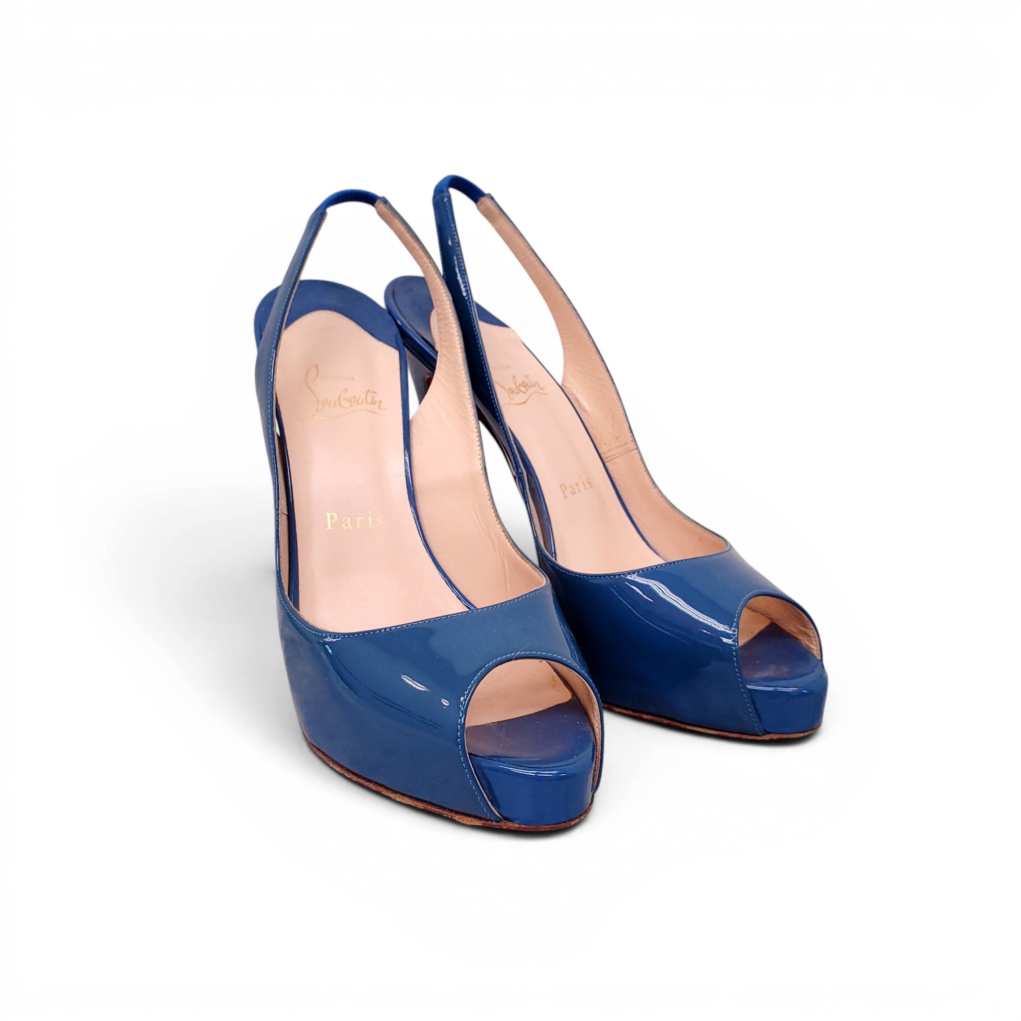 CHRISTIAN LOUBOUTIN BLUE PATENT PEEP-TOE HEELS - SIZE 38.5