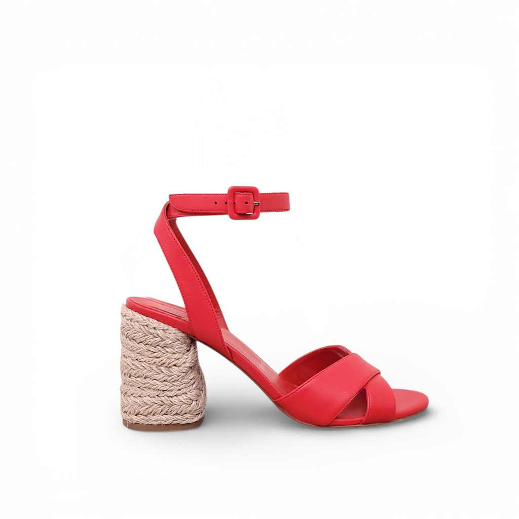 CHRISTIAN LOUBOUTIN RED RAFFIA WEDGE SANDALS - SIZE 40