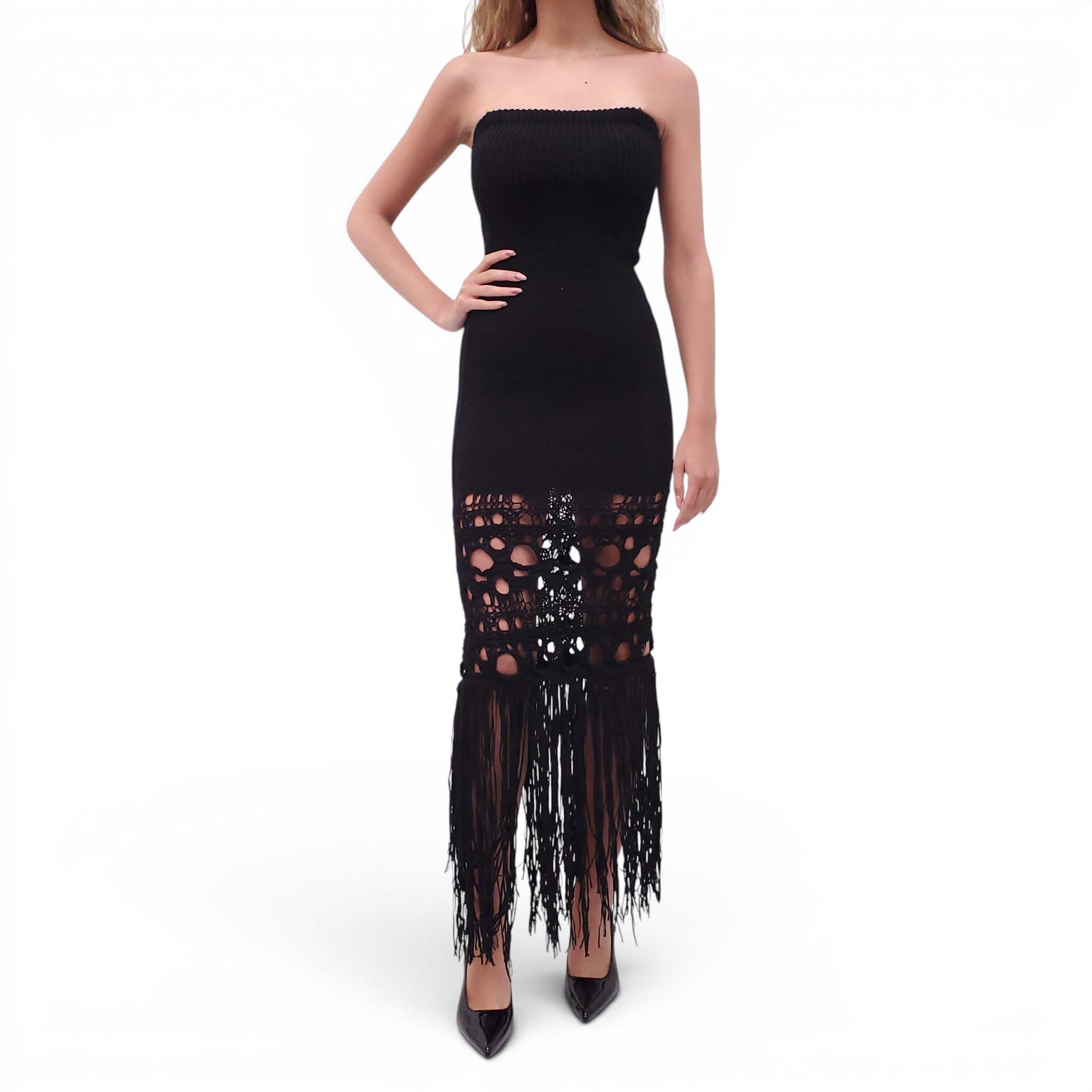 CHRISTOPHER ESBER BLACK KNIT TUBE FRINGE DRESS - SIZE S