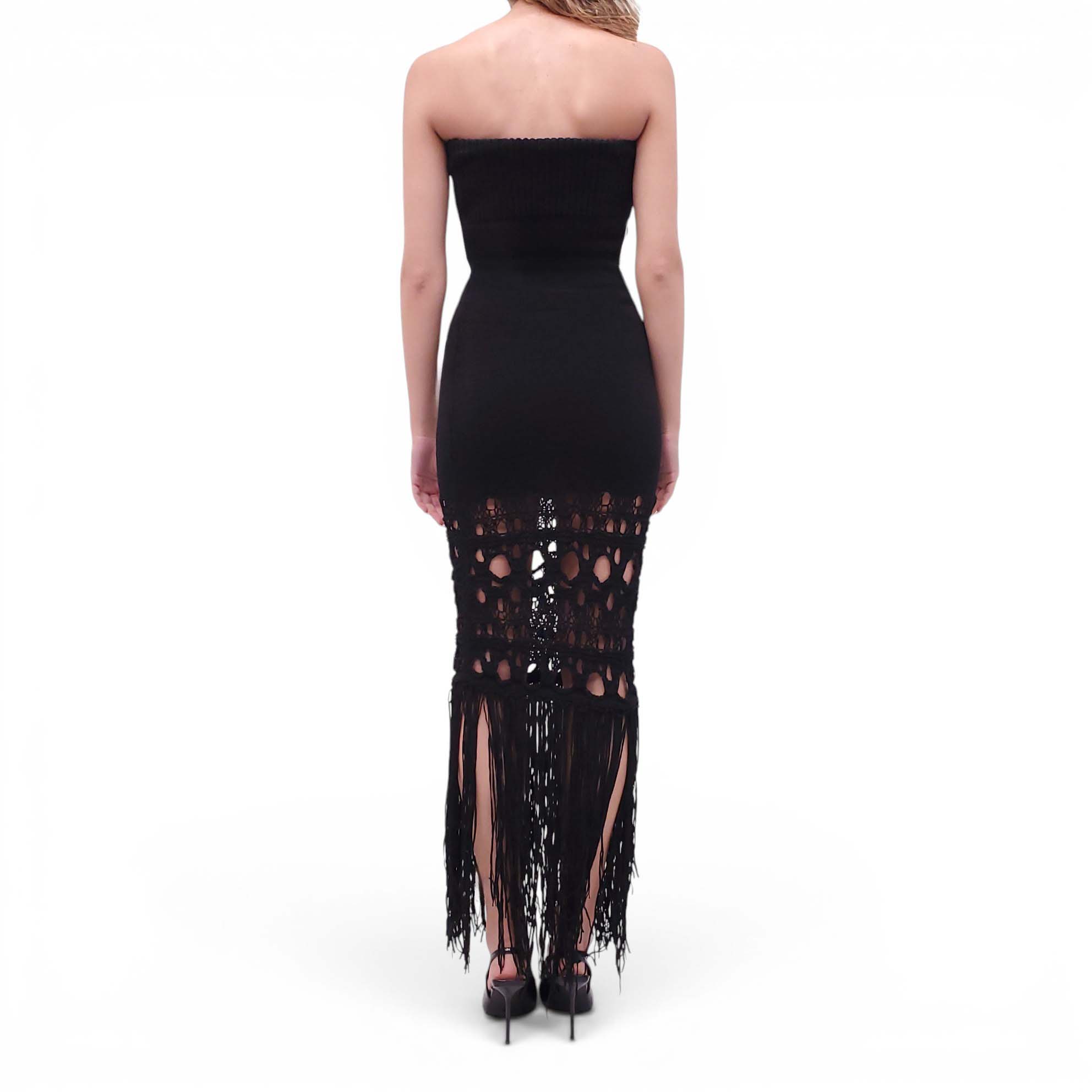 CHRISTOPHER ESBER BLACK KNIT TUBE FRINGE DRESS - SIZE S