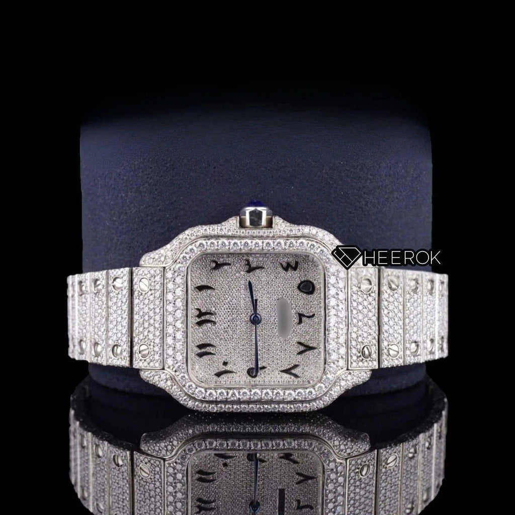 Cartier Santos Black Arabic Numerals White Dial Diamond Bezel Fully Iced Moissanite Diamond