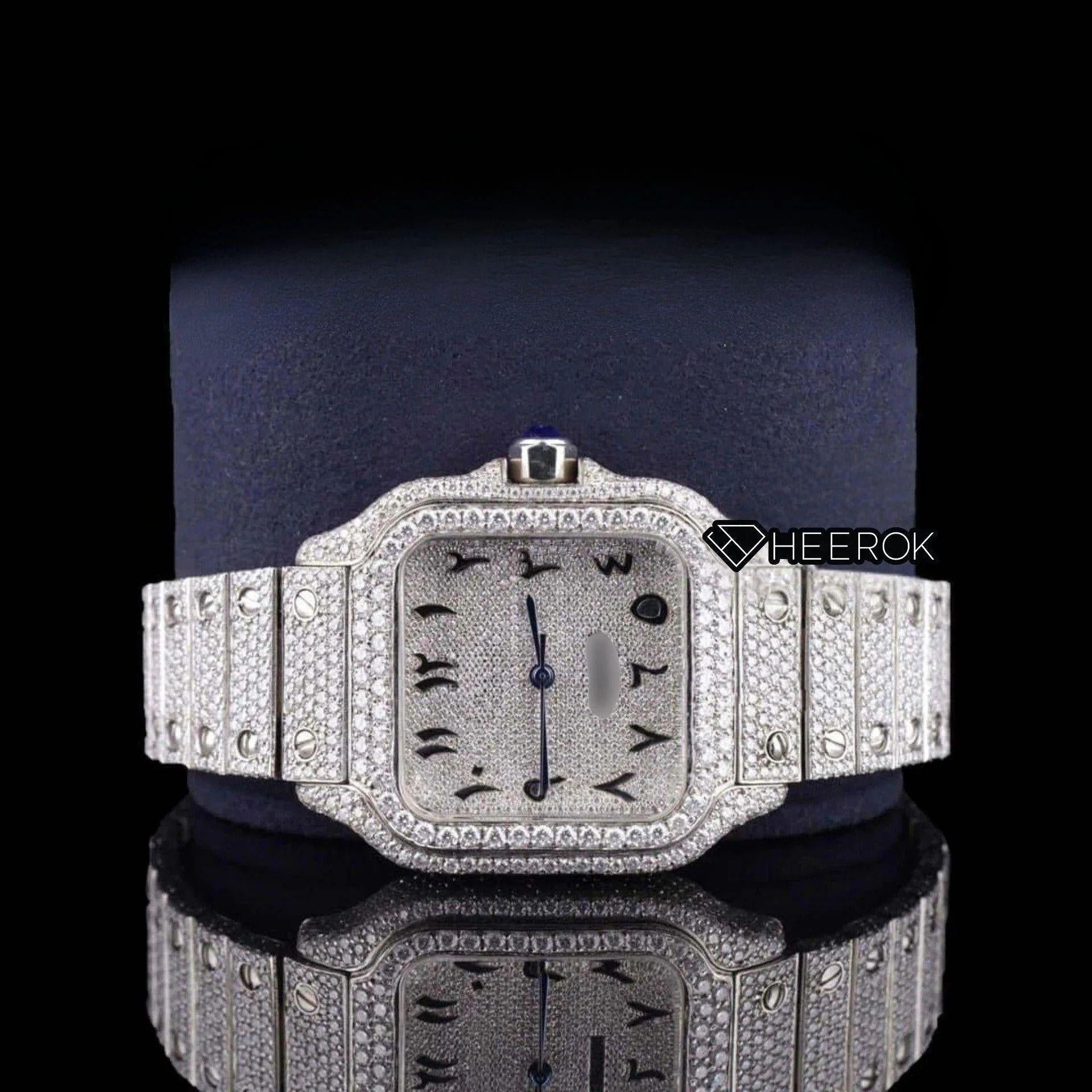 Cartier Santos Black Arabic Numerals White Dial Diamond Bezel Fully Iced Moissanite Diamond