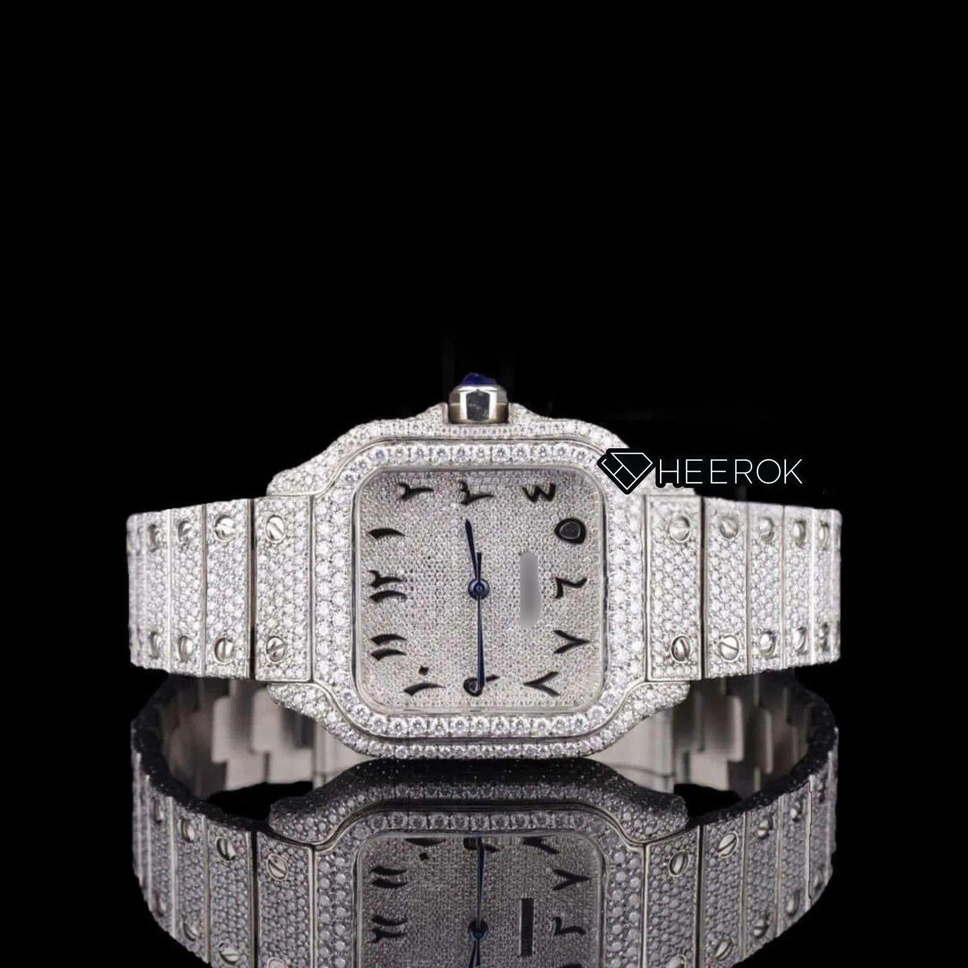 Cartier Santos Black Arabic Numerals White Dial Diamond Bezel Fully Iced Moissanite Diamond