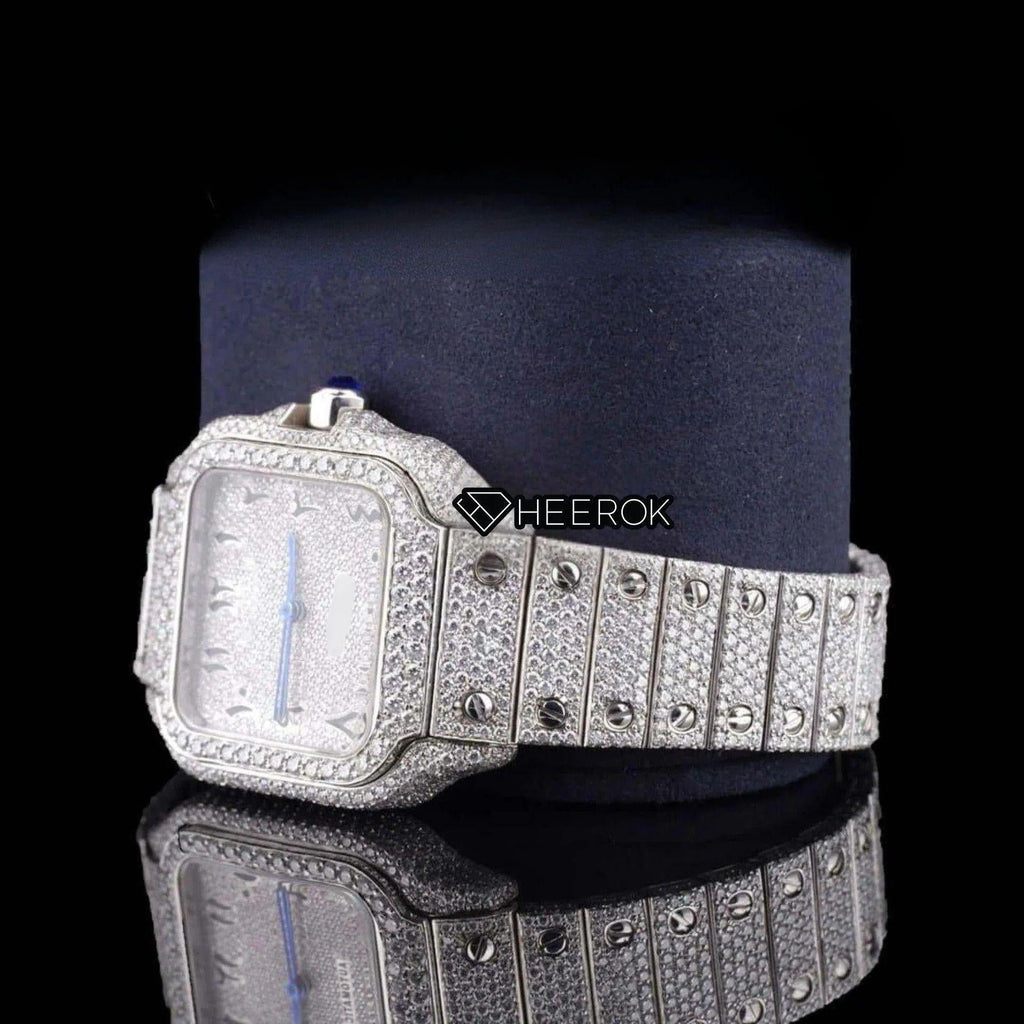 Cartier Santos Black Arabic Numerals White Dial Diamond Bezel Fully Iced Moissanite Diamond