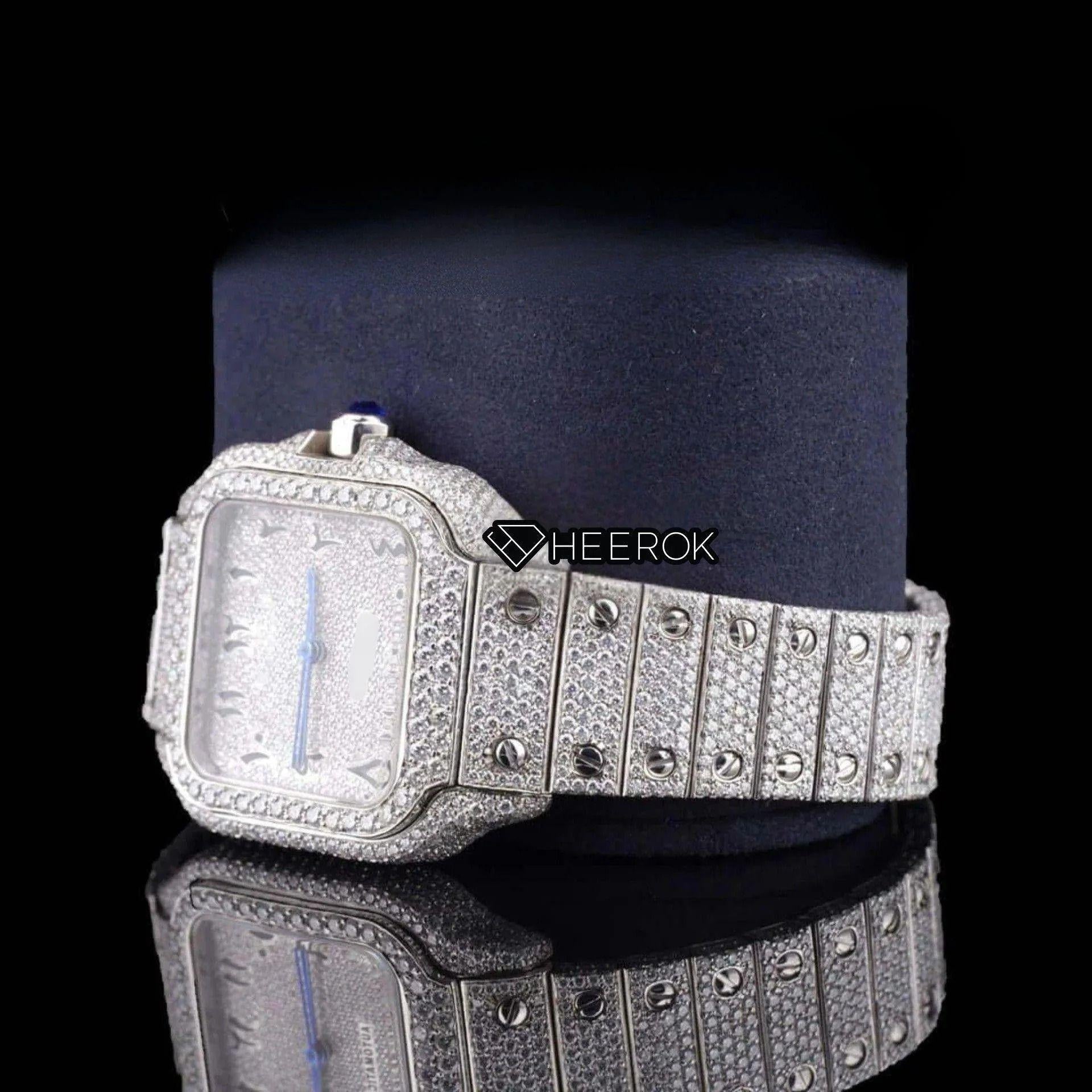 Cartier Santos Black Arabic Numerals White Dial Diamond Bezel Fully Iced Moissanite Diamond