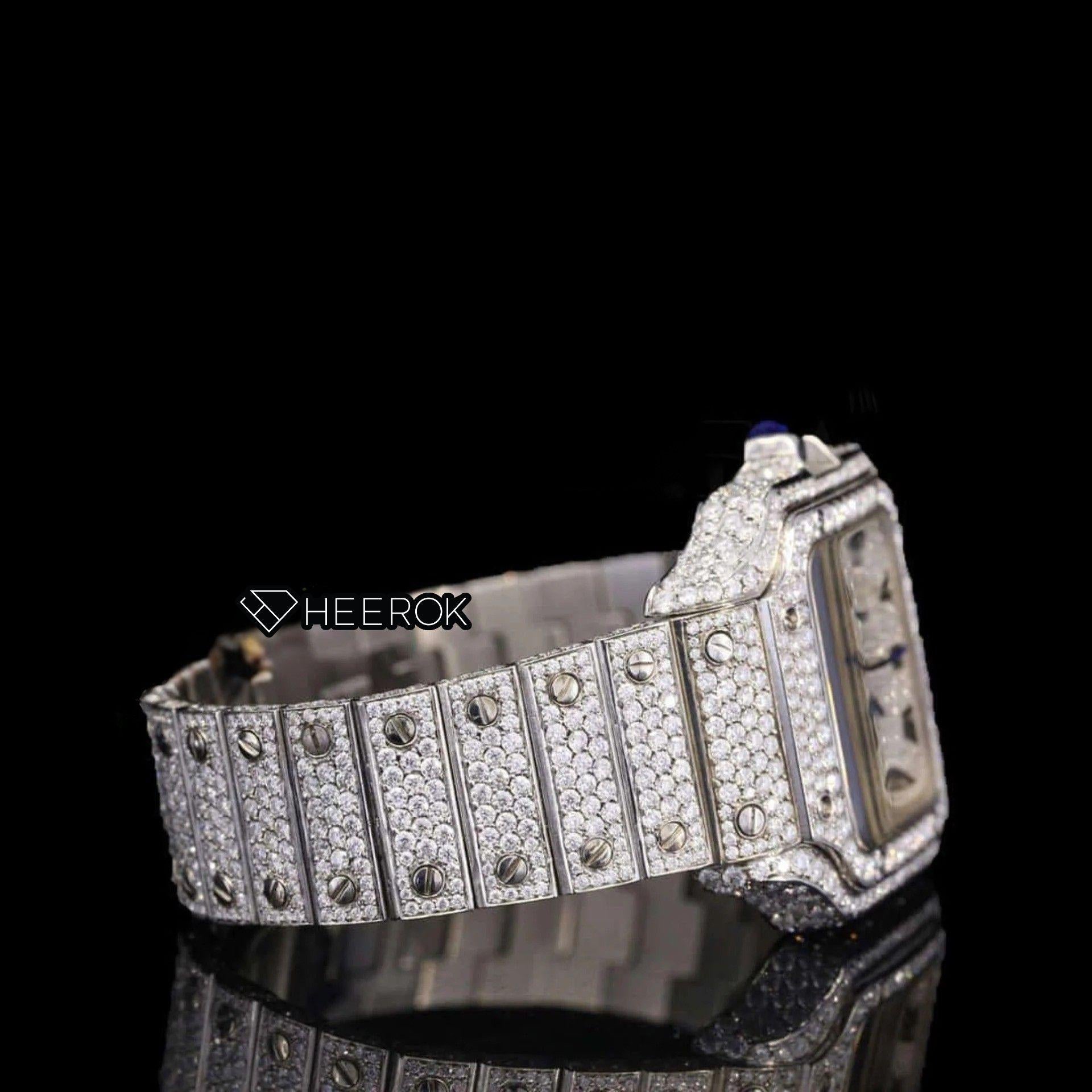 Cartier Santos Black Roman Numerals White Dial Diamond Bezel Fully Iced Moissanite Diamond