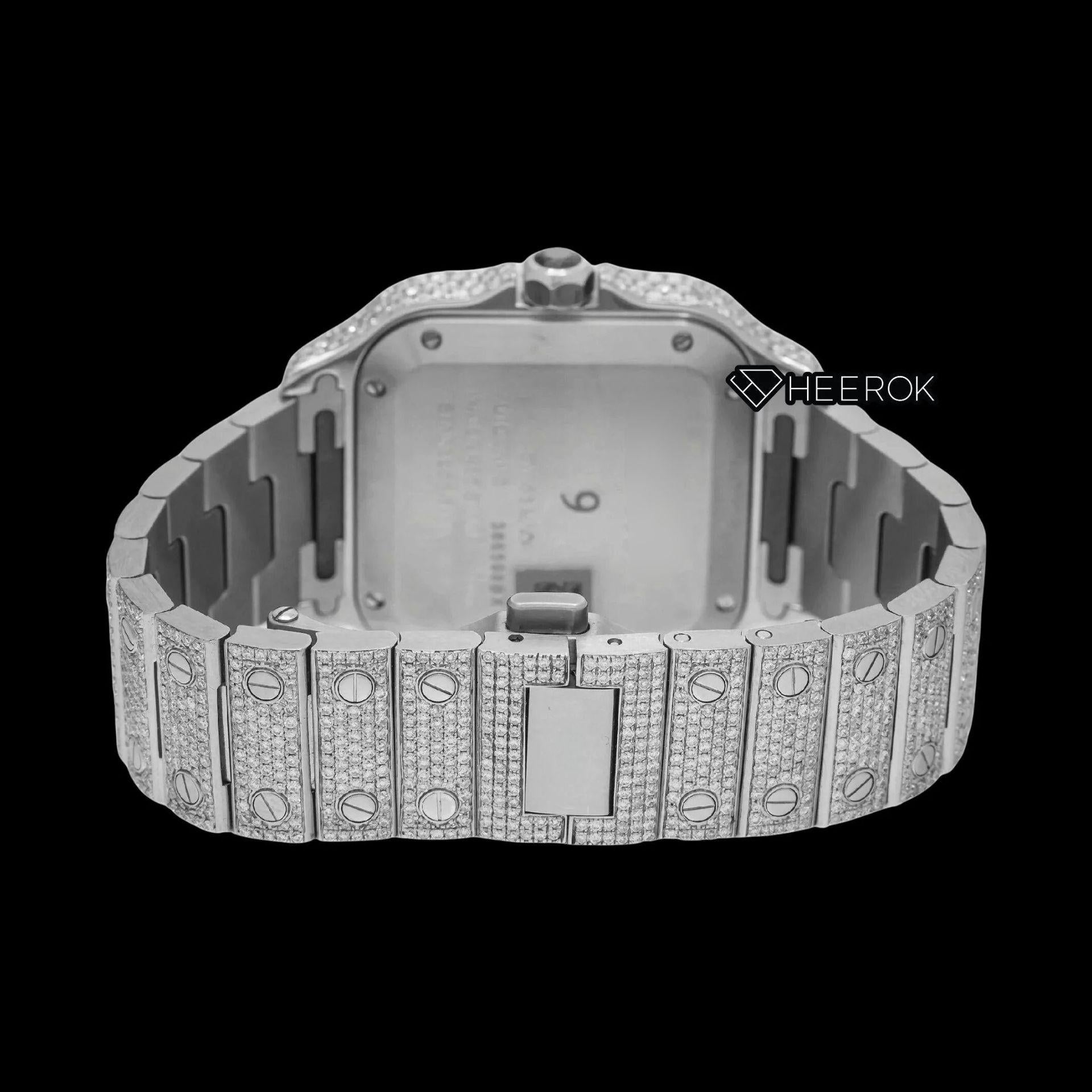 Cartier Santos Diamond Pave Dial Red Roman Numerals Diamond Bezel Fully Iced Moissanite Diamond Watch For Women
