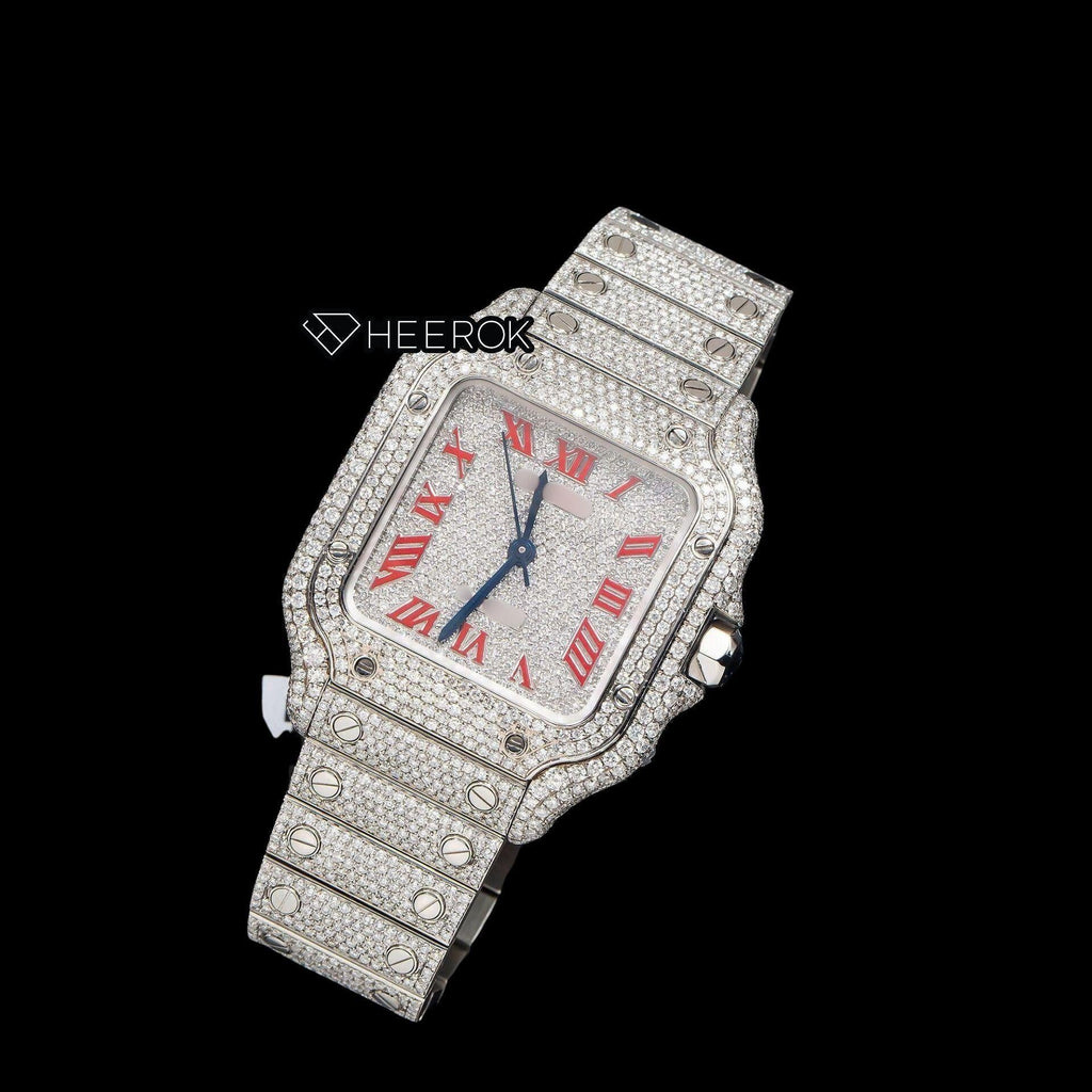 Cartier Santos Diamond Pave Dial Red Roman Numerals Diamond Bezel Fully Iced Moissanite Diamond Watch For Women