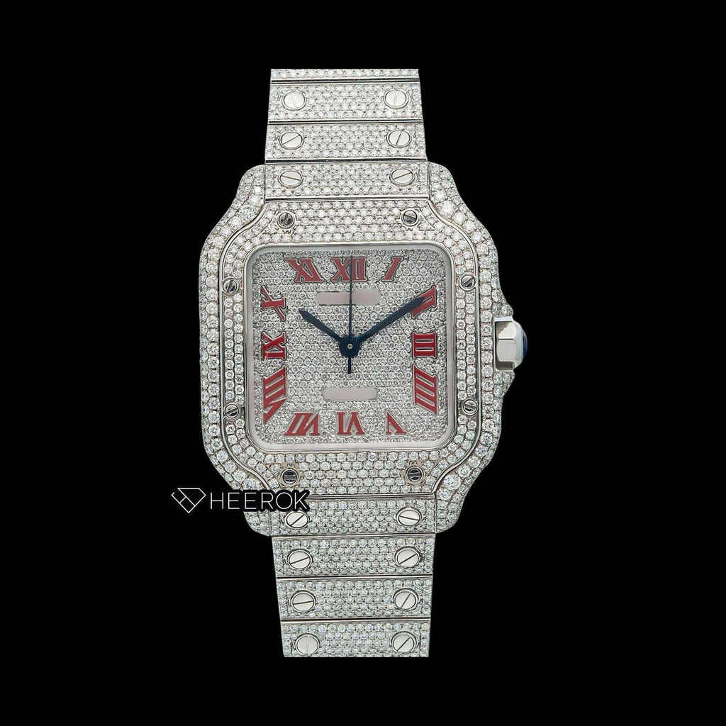 Cartier Santos Diamond Pave Dial Red Roman Numerals Diamond Bezel Fully Iced Moissanite Diamond Watch For Women