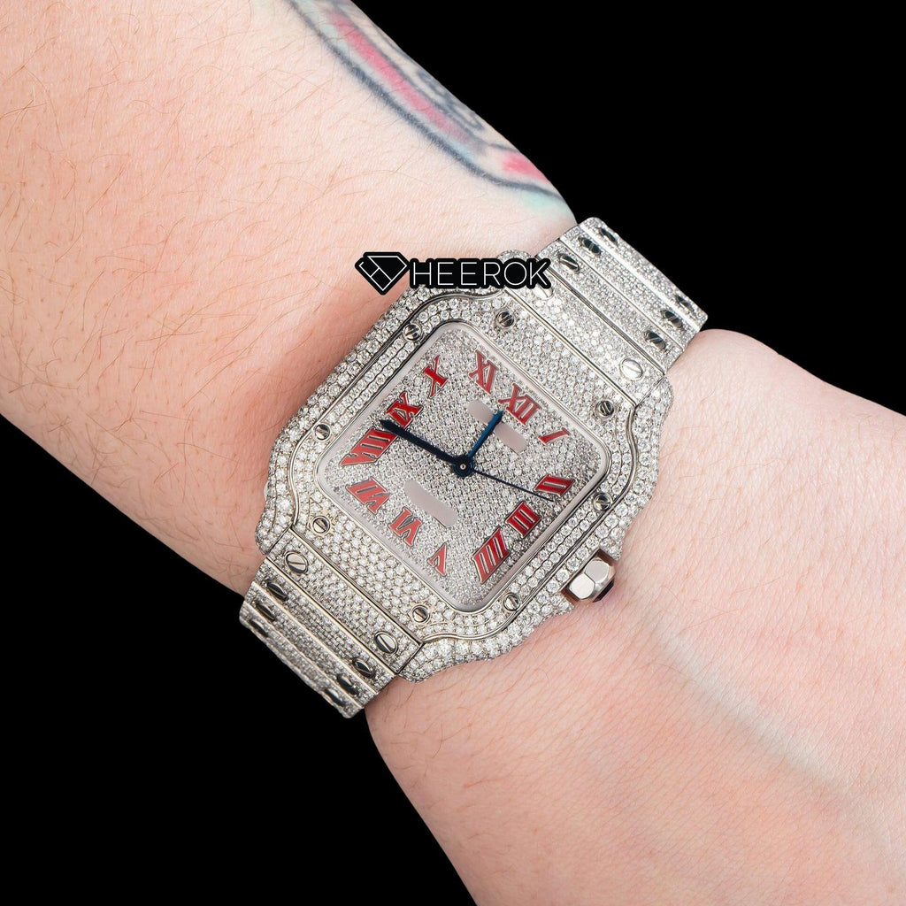 Cartier Santos Diamond Pave Dial Red Roman Numerals Diamond Bezel Fully Iced Moissanite Diamond Watch For Women
