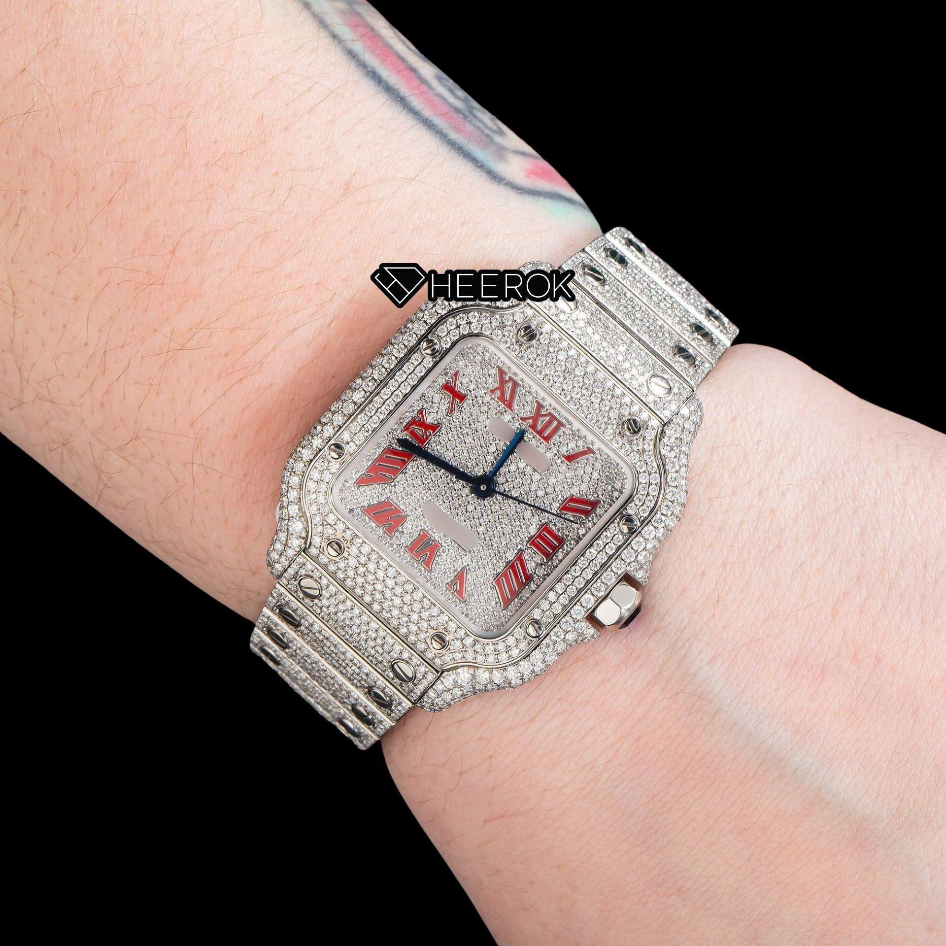 Cartier Santos Diamond Pave Dial Red Roman Numerals Diamond Bezel Fully Iced Moissanite Diamond Watch For Women