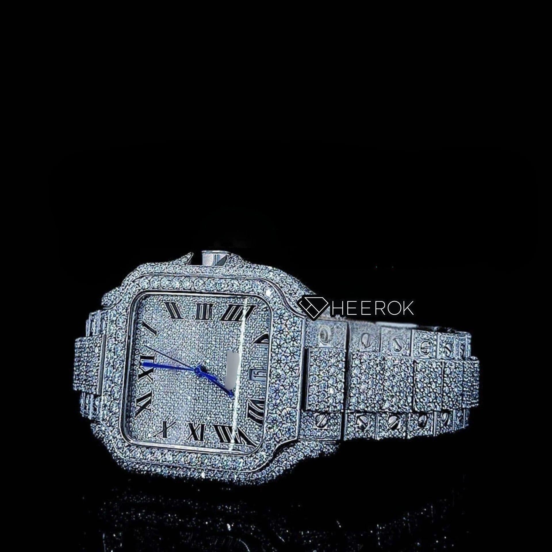 Cartier Santos Full Pave Dial Black Roman Numerals Diamond Bezel Fully Iced Moissanite Diamond