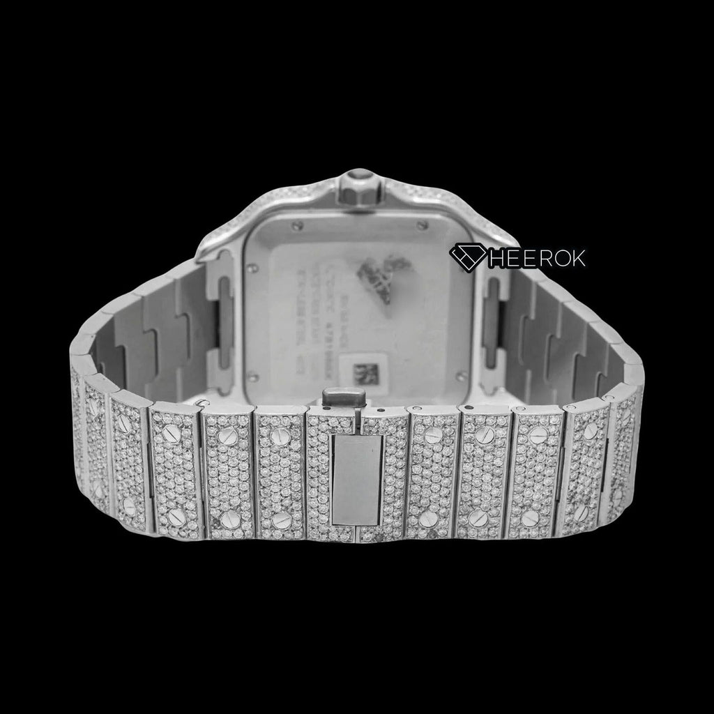 Cartier Santos Full Pave Dial Red Roman Numerals Diamond Bezel Fully Iced Moissanite Diamond Watch For Women