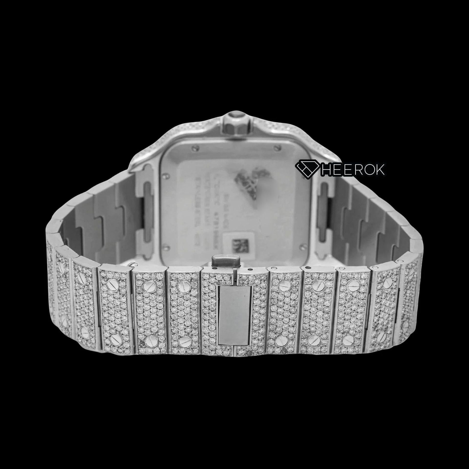 Cartier Santos Full Pave Dial Red Roman Numerals Diamond Bezel Fully Iced Moissanite Diamond Watch For Women