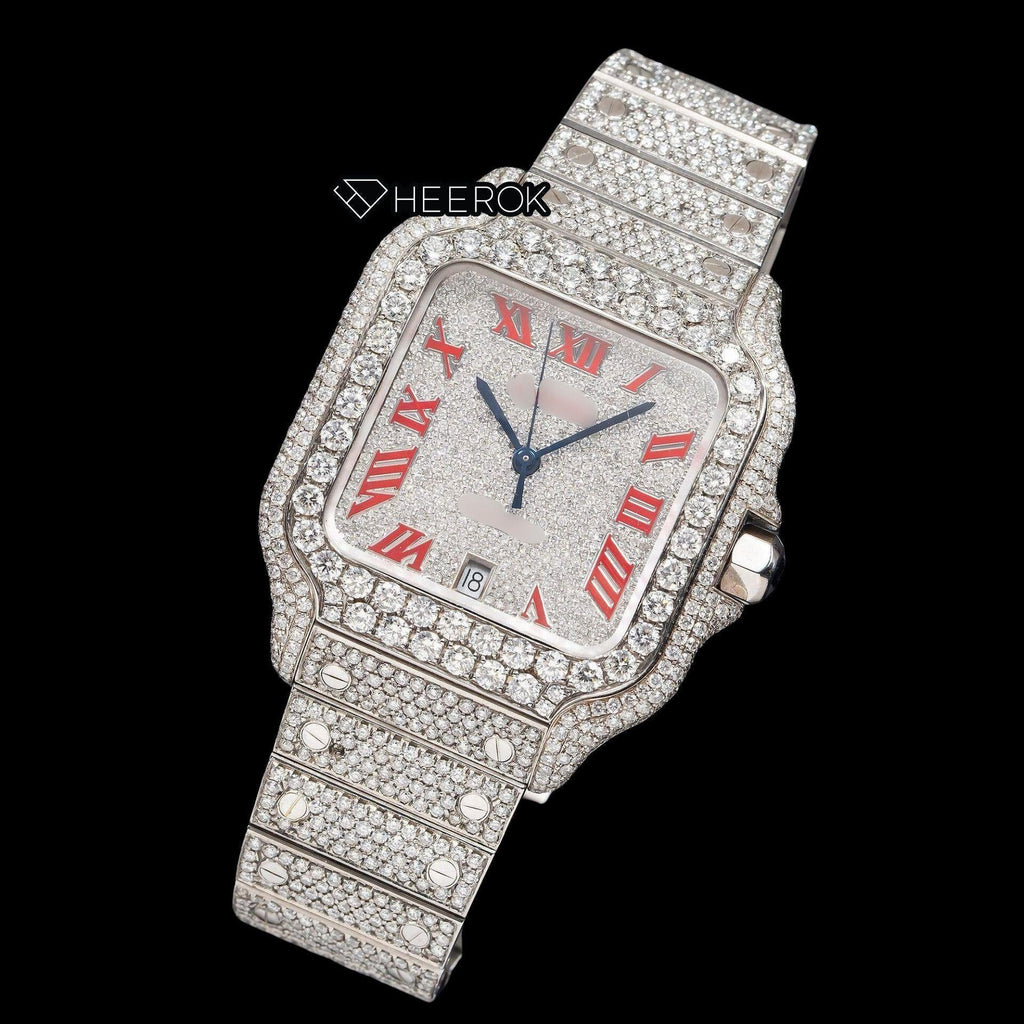 Cartier Santos Full Pave Dial Red Roman Numerals Diamond Bezel Fully Iced Moissanite Diamond Watch For Women