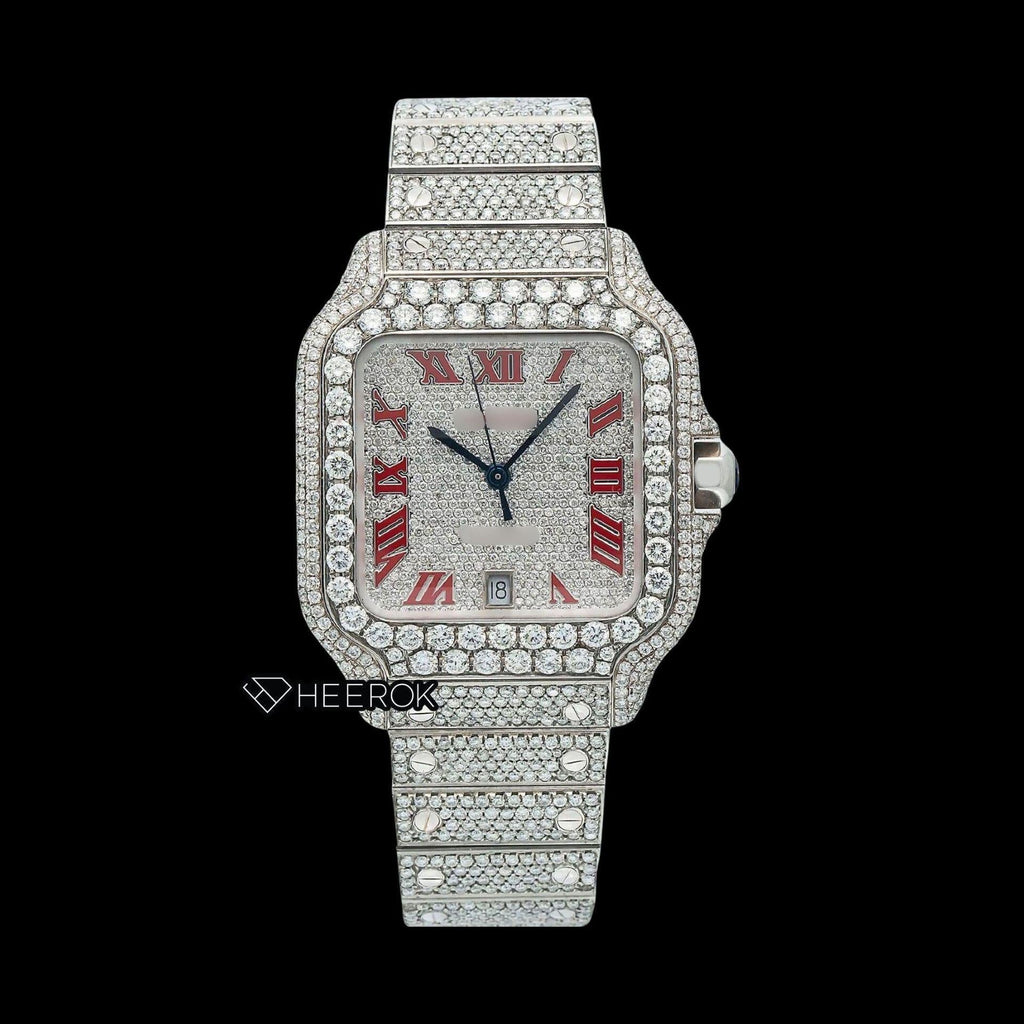 Cartier Santos Full Pave Dial Red Roman Numerals Diamond Bezel Fully Iced Moissanite Diamond Watch For Women
