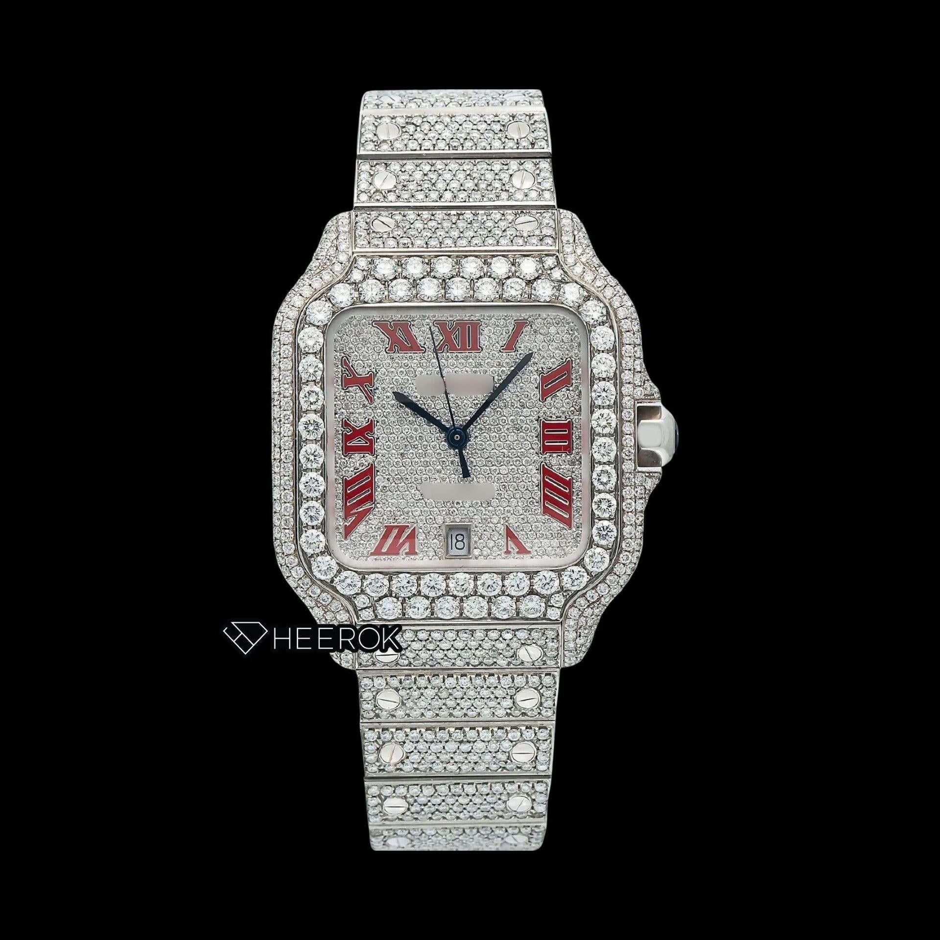 Cartier Santos Full Pave Dial Red Roman Numerals Diamond Bezel Fully Iced Moissanite Diamond Watch For Women