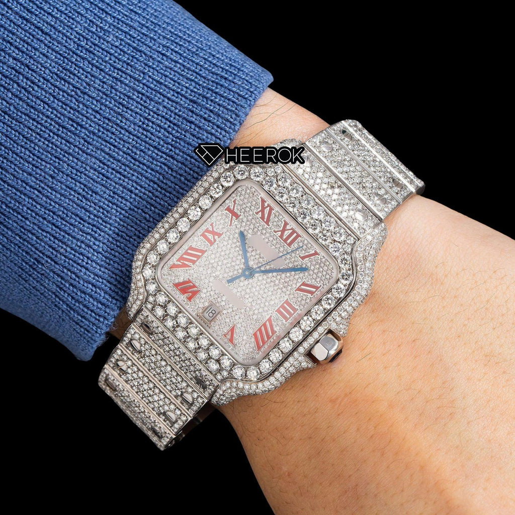 Cartier Santos Full Pave Dial Red Roman Numerals Diamond Bezel Fully Iced Moissanite Diamond Watch For Women