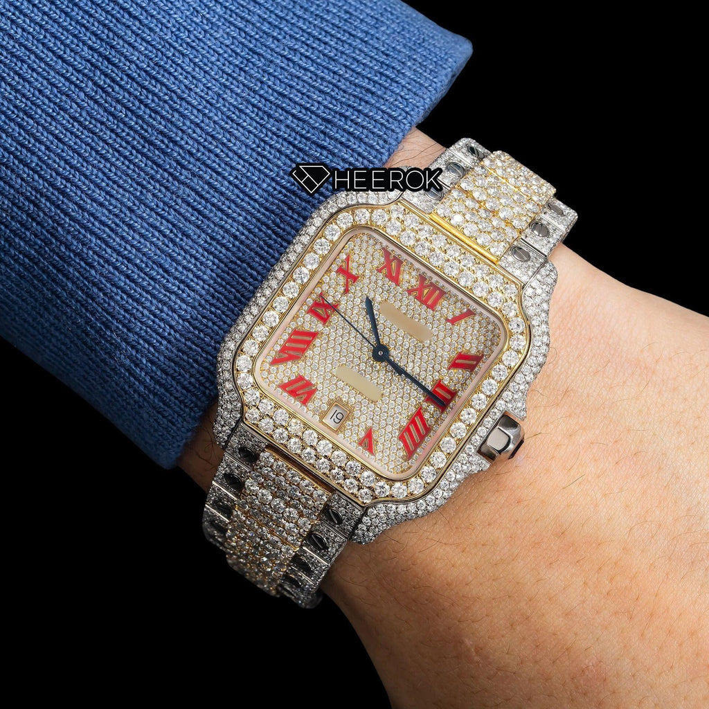Cartier Santos Full Pave Yellow Gold Dial Red Roman Numerals Diamond Bezel Two Tone Yellow Gold Moissanite Diamond Watch