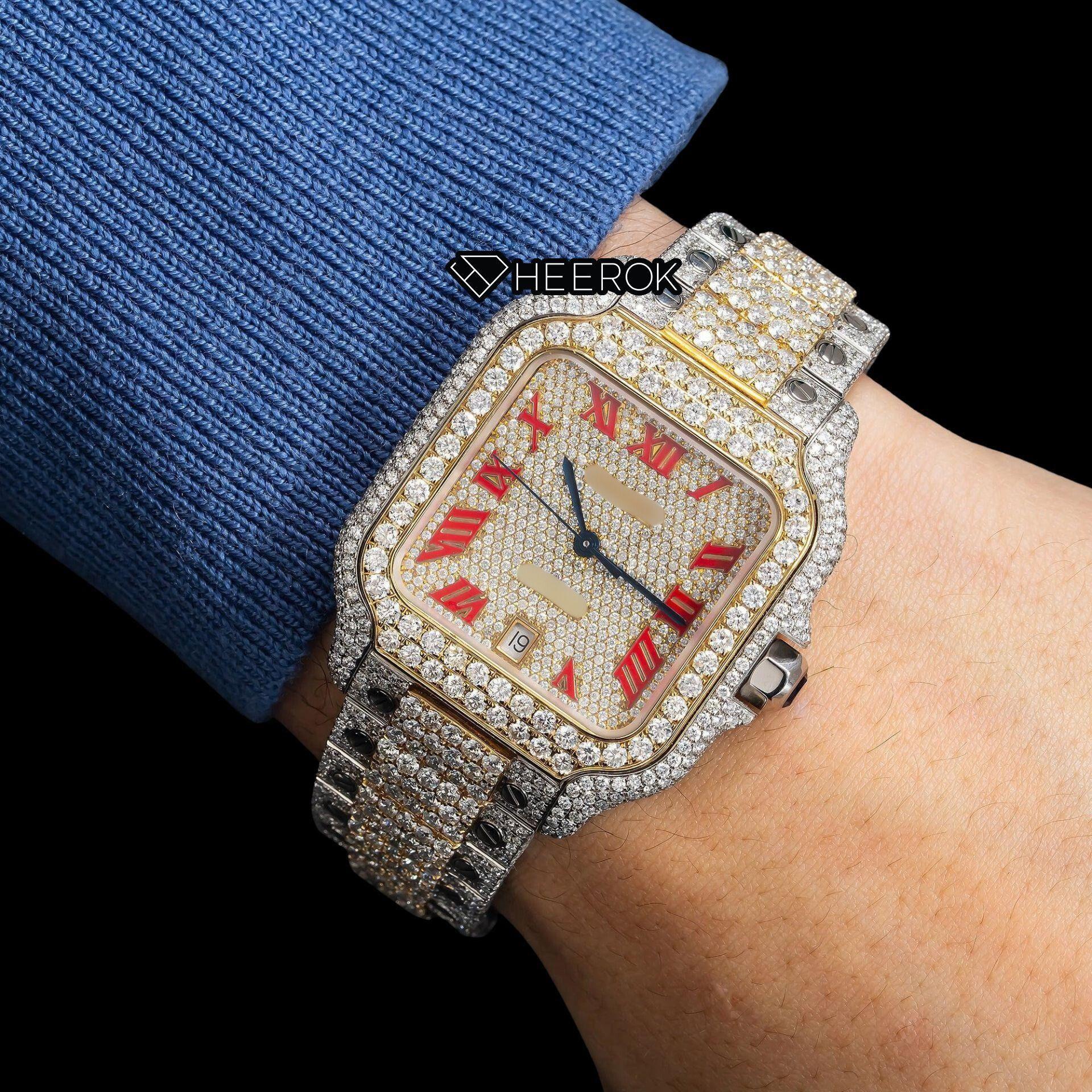 Cartier Santos Full Pave Yellow Gold Dial Red Roman Numerals Diamond Bezel Two Tone Yellow Gold Moissanite Diamond Watch