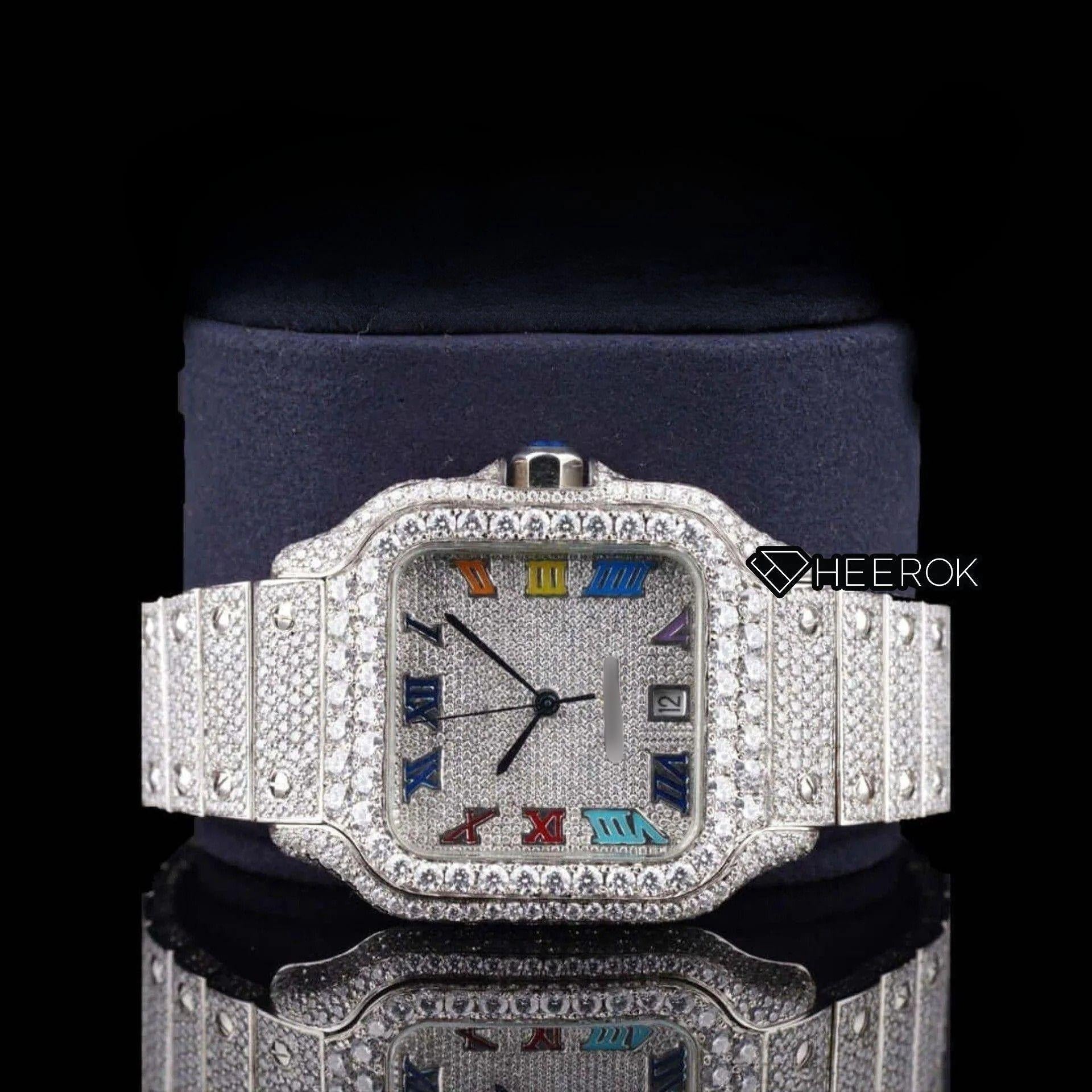 Cartier Santos Multicolor Roman Numerals Full Pave Dial Diamond Bezel Fully Iced Moissanite Diamond