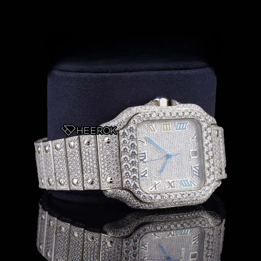 Cartier Santos Multicolor Roman Numerals Full Pave Dial Diamond Bezel Fully Iced Moissanite Diamond
