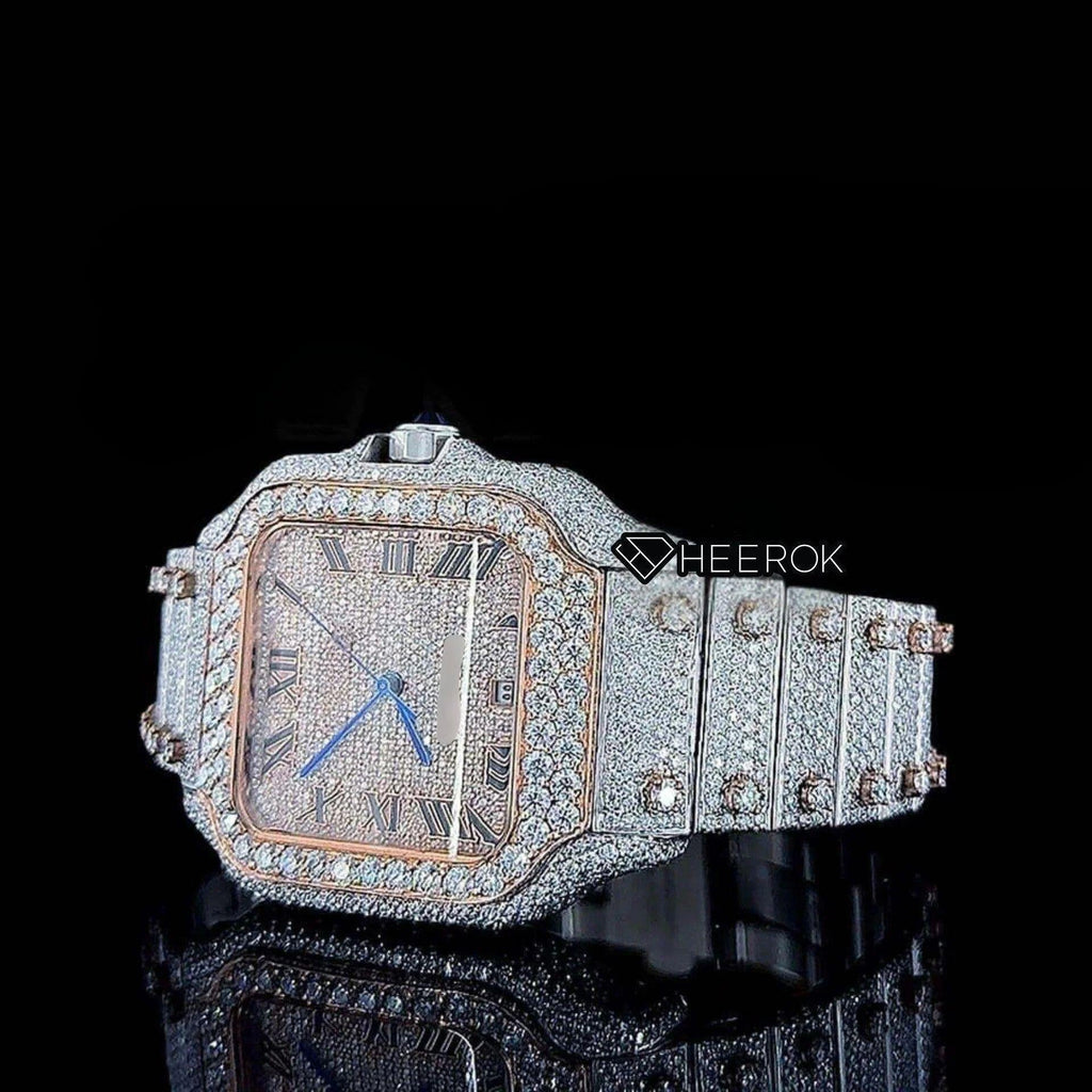 Cartier Santos Rose Gold Dial Black Roman Numerals Diamond Bezel Two Tone Fully Iced Moissanite Diamond